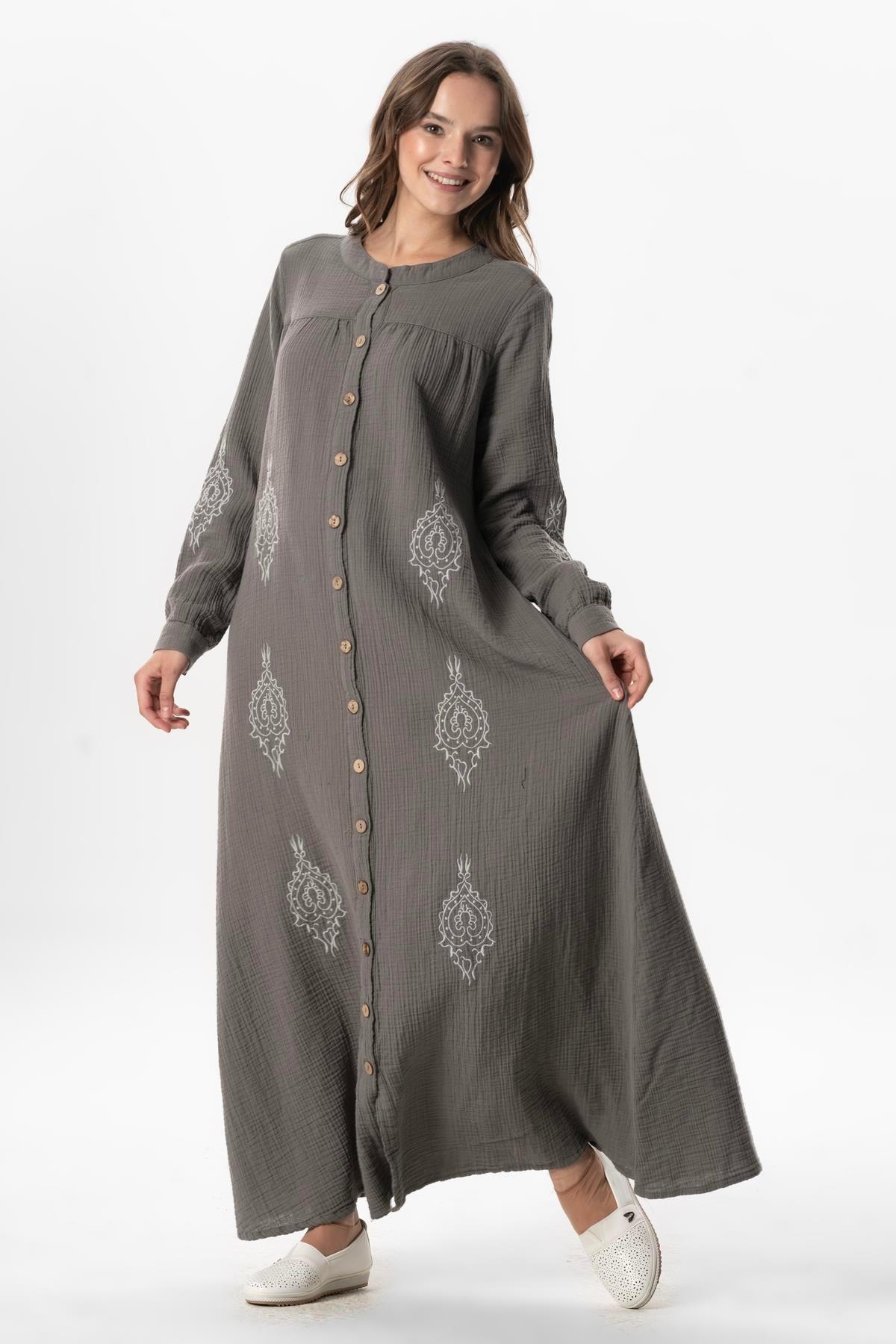 Uzun Kol Laçin Baskılı Müslin Mevsimlik Ferace Gri Gri