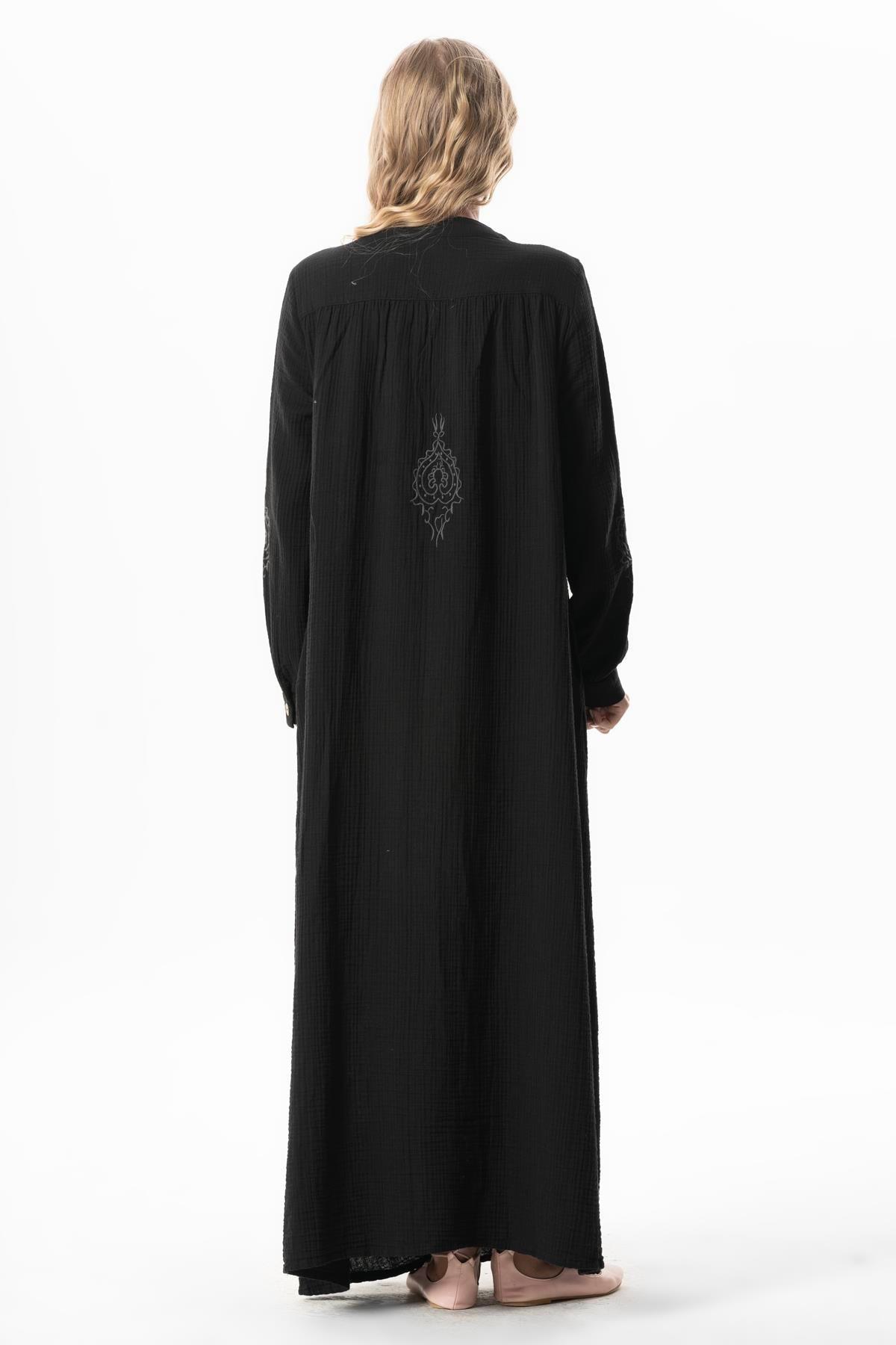 Uzun Kol Laçin Baskılı Müslin Mevsimlik Ferace Siyah Syh