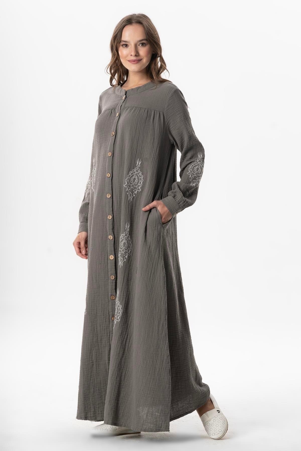 Uzun Kol Laçin Baskılı Müslin Mevsimlik Ferace Gri Gri