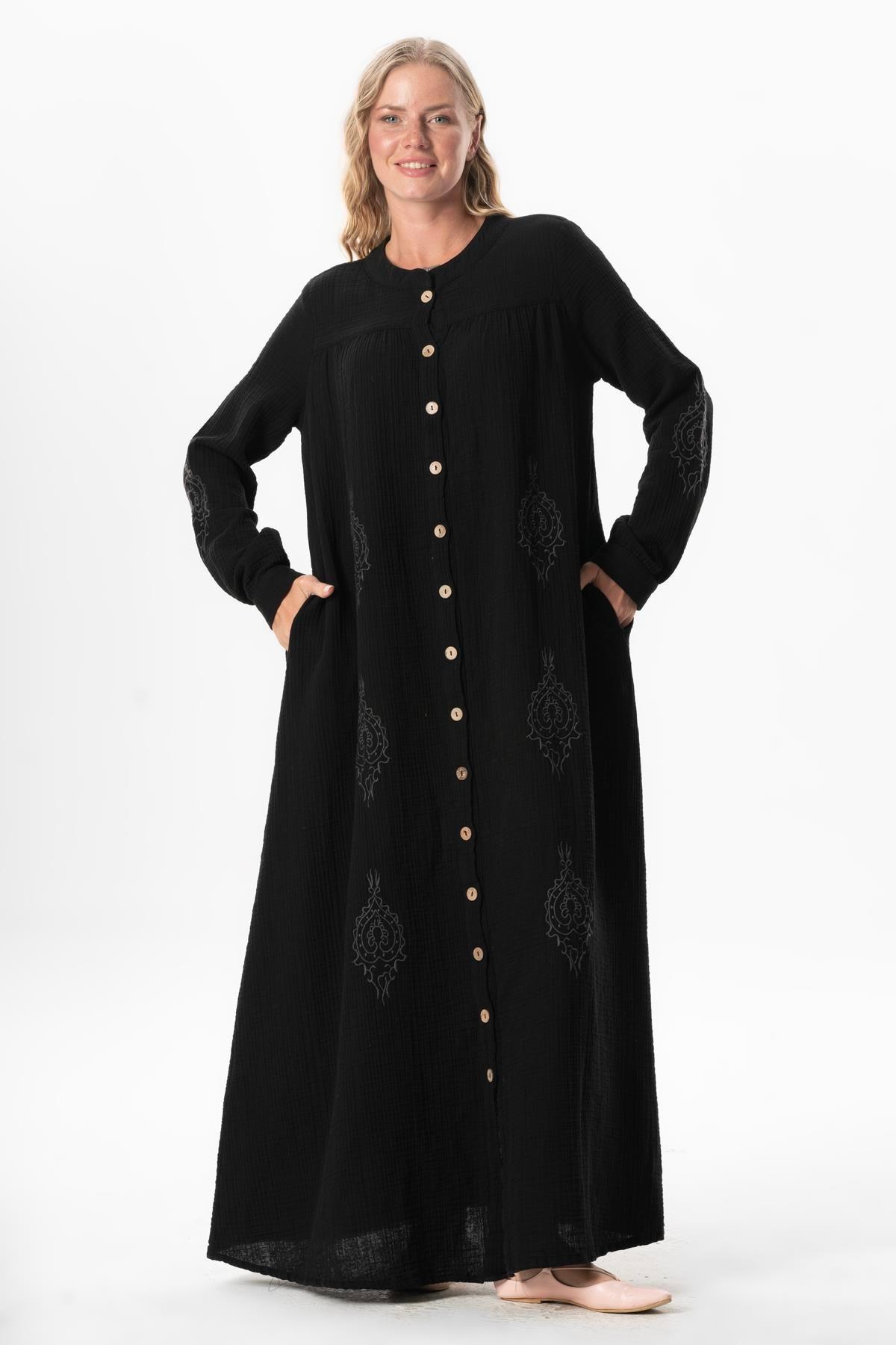 Uzun Kol Laçin Baskılı Müslin Mevsimlik Ferace Siyah Syh