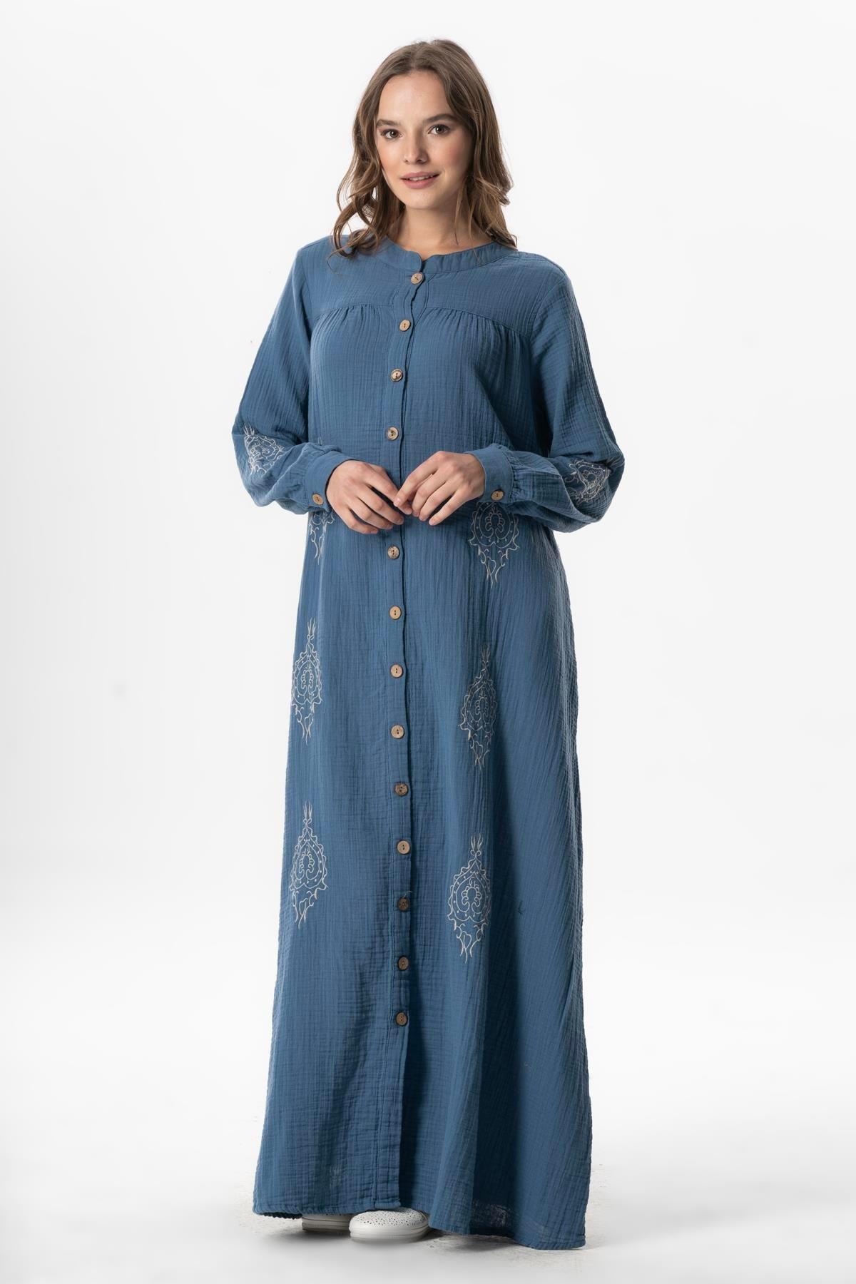 Uzun Kol Laçin Baskılı Müslin Mevsimlik Ferace İndigo indg