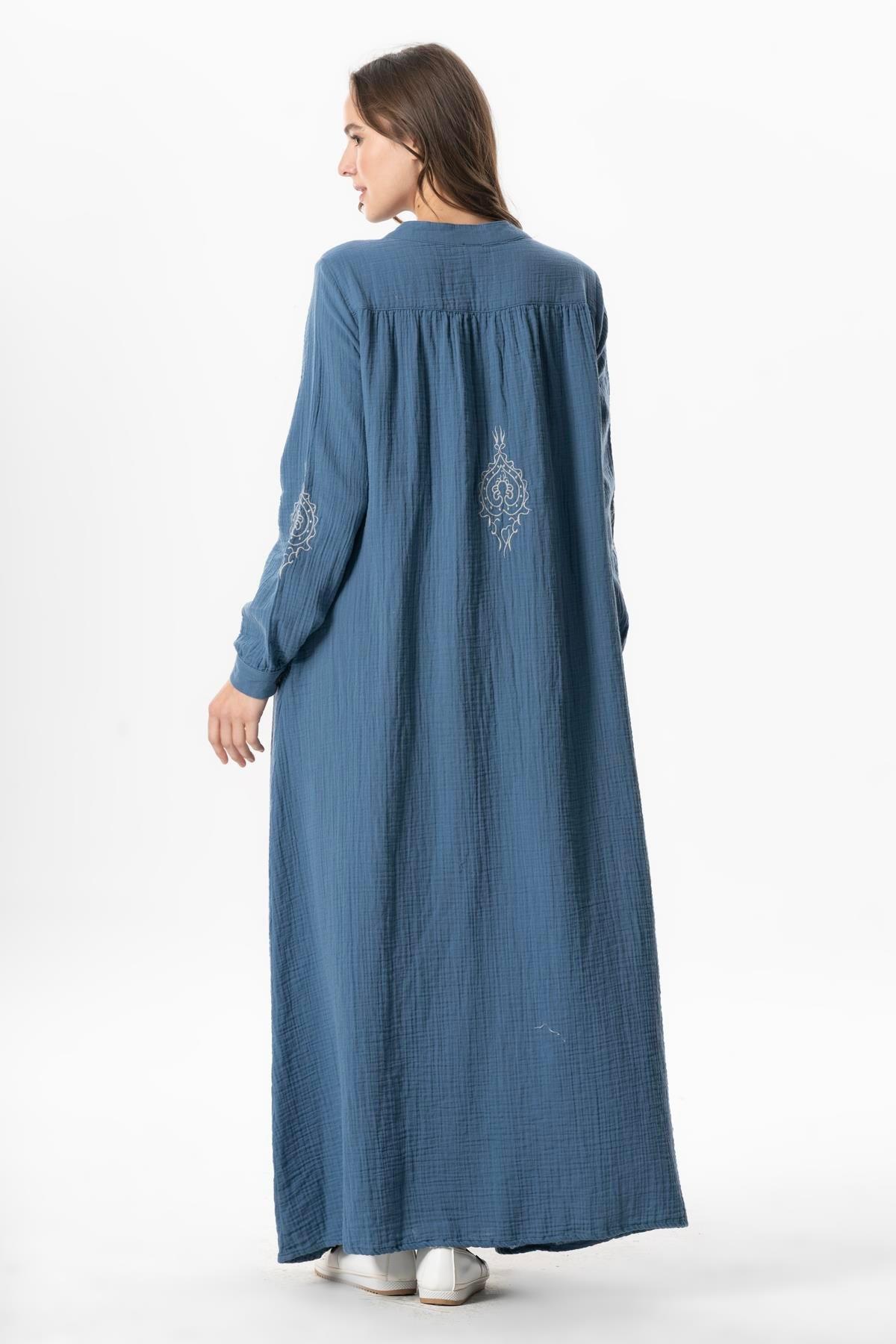 Uzun Kol Laçin Baskılı Müslin Mevsimlik Ferace İndigo indg