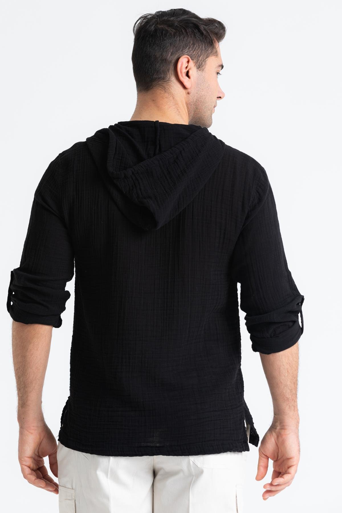 Uzun Kol Müslin Erkek Kapüşonlu Sweatshirt Siyah Syh