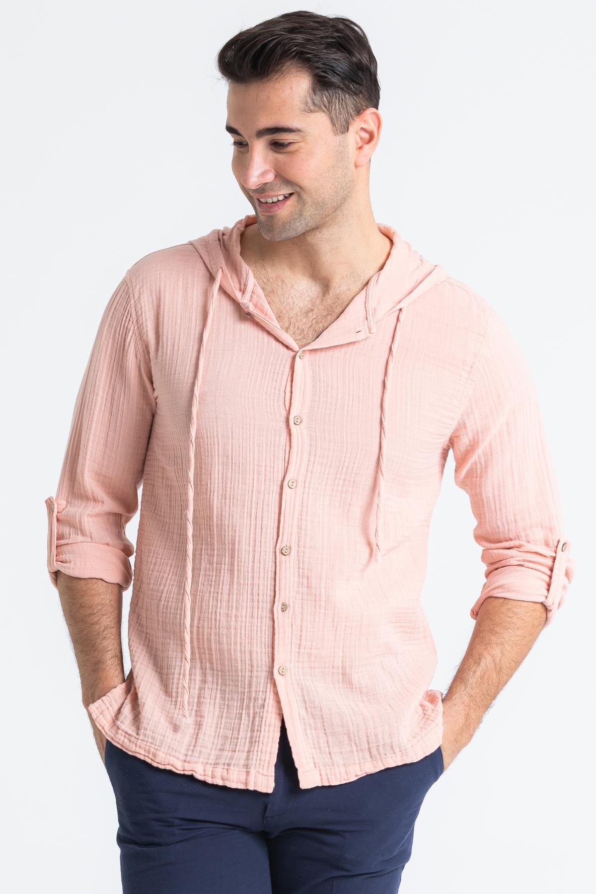 Uzun Kol Müslin Erkek Kapüşonlu Sweatshirt Pudra Pdr