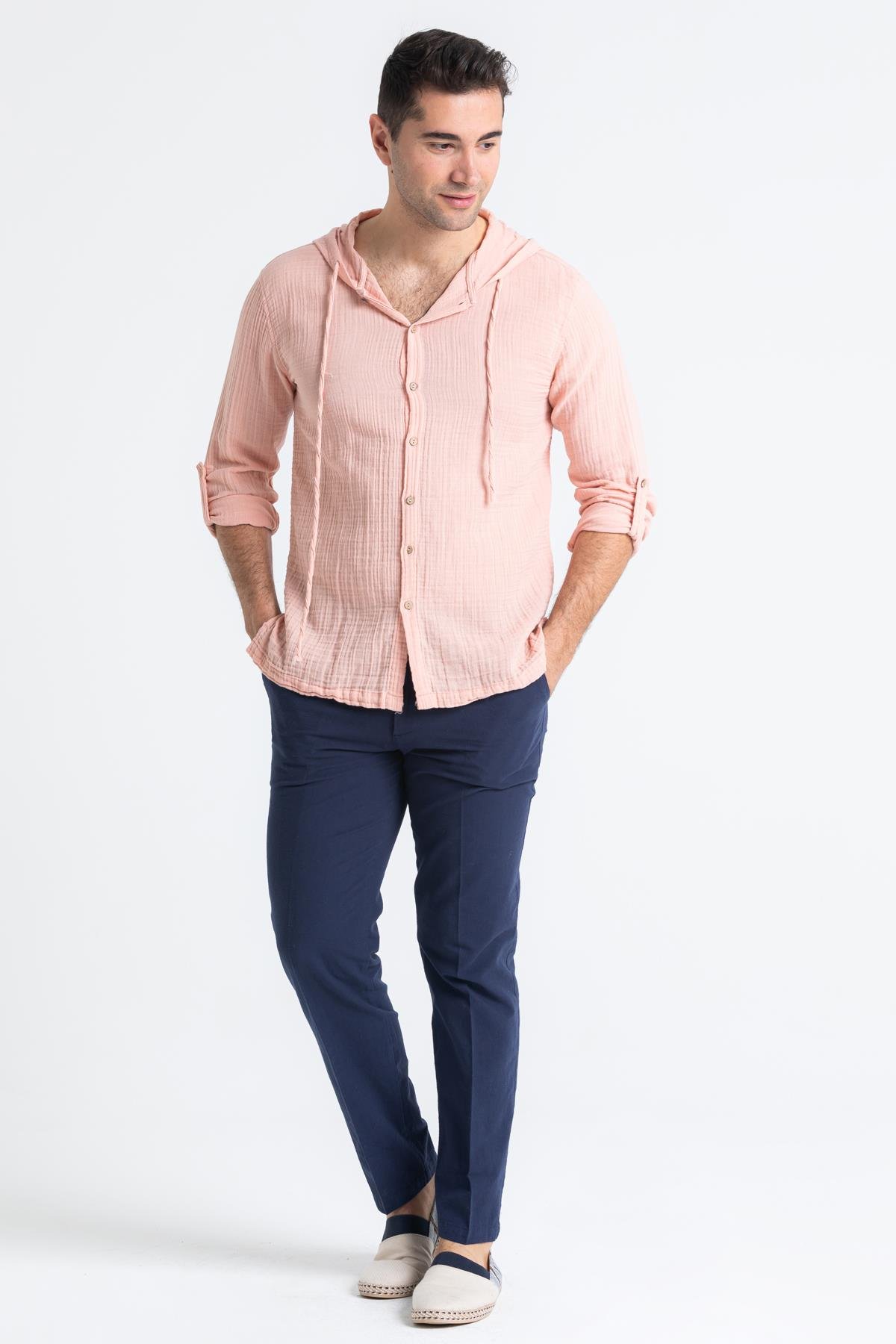 Uzun Kol Müslin Erkek Kapüşonlu Sweatshirt Pudra Pdr