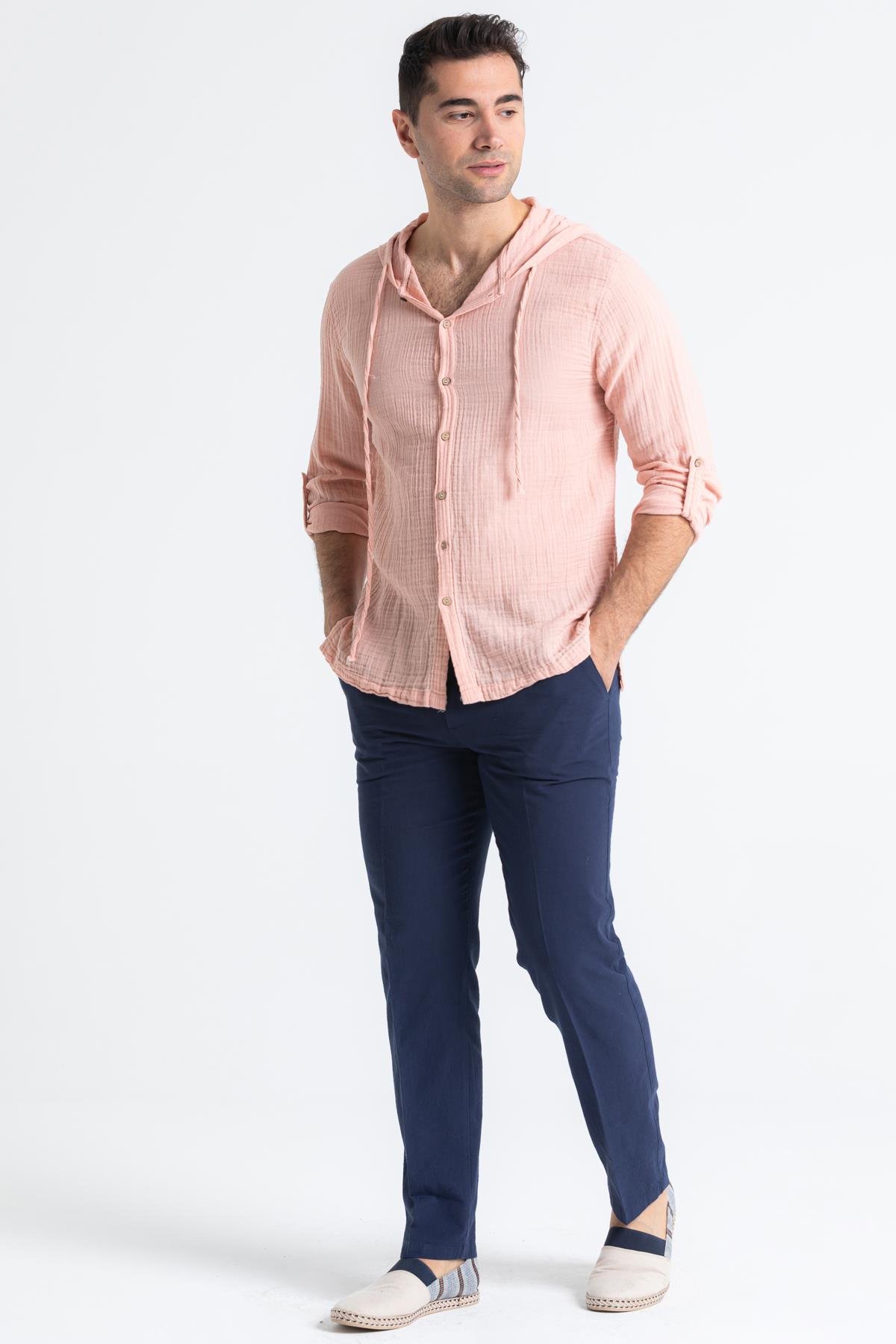 Uzun Kol Müslin Erkek Kapüşonlu Sweatshirt Pudra Pdr