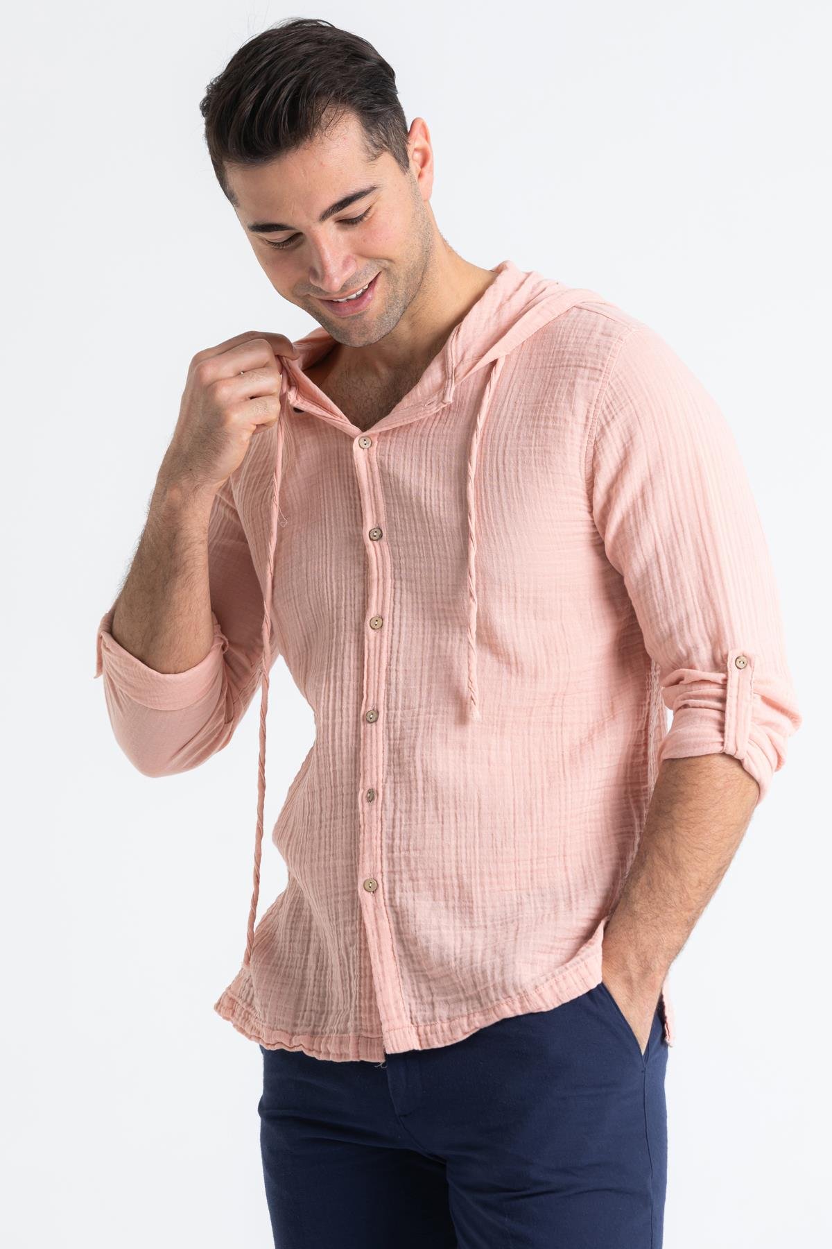 Uzun Kol Müslin Erkek Kapüşonlu Sweatshirt Pudra Pdr