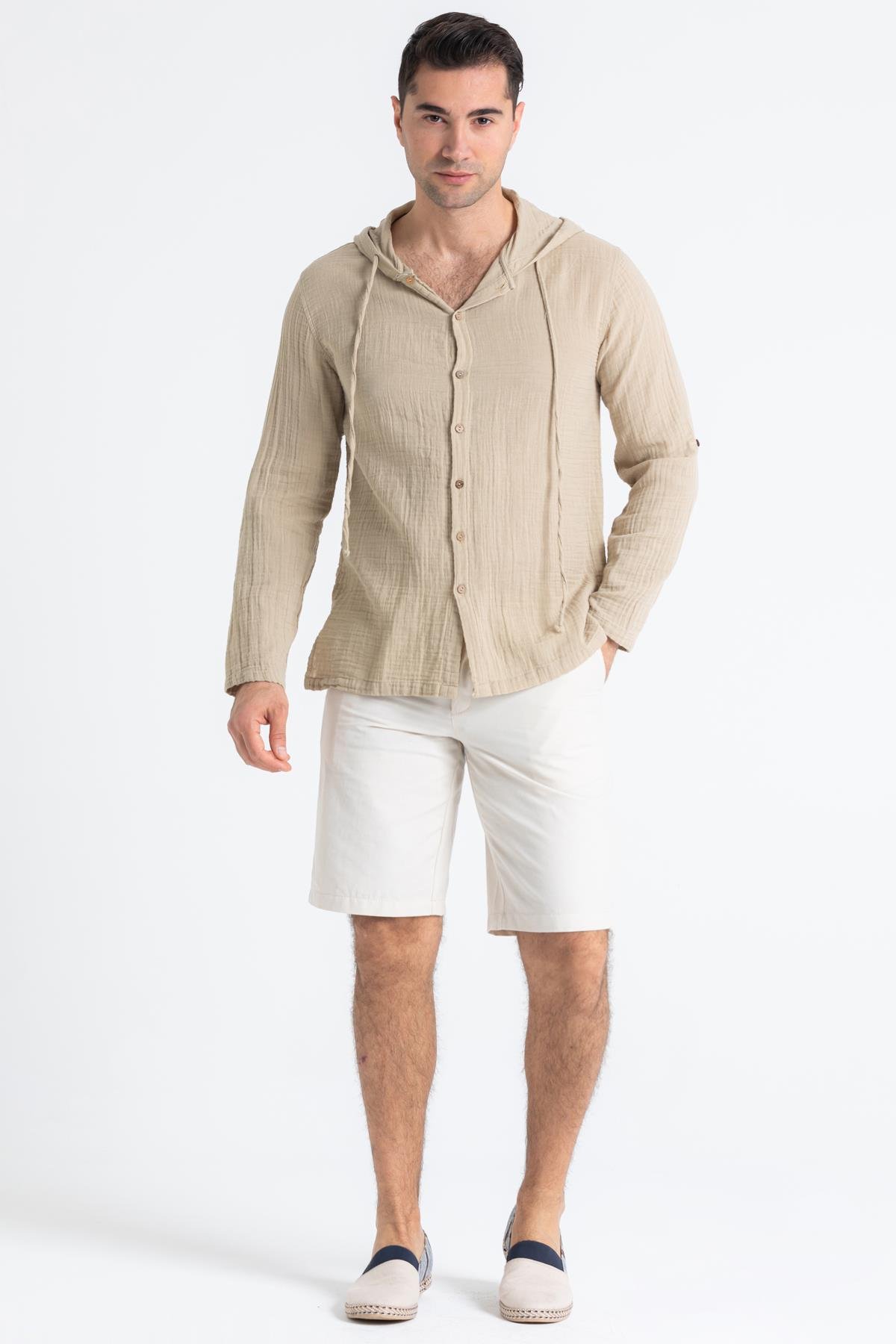 Uzun Kol Müslin Erkek Kapüşonlu Sweatshirt Vizon Vzn