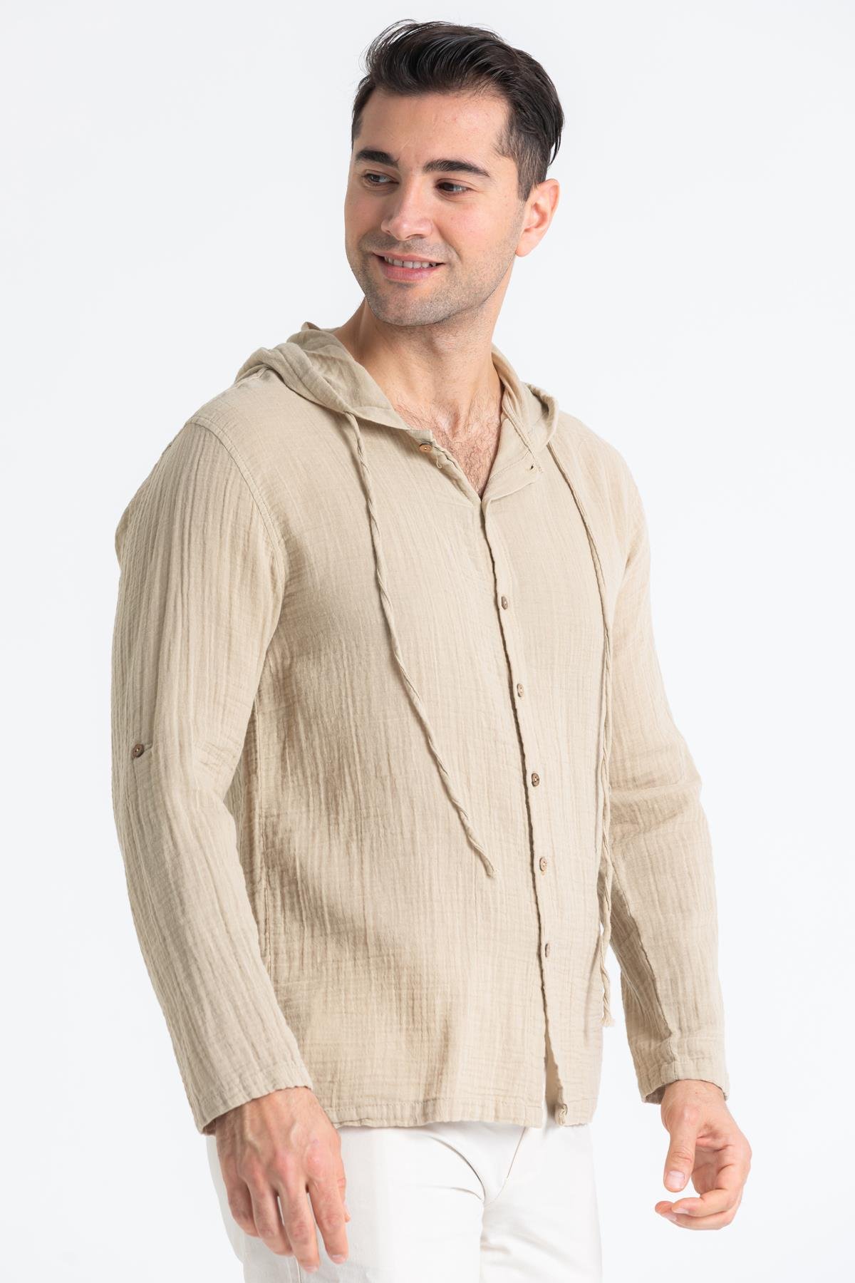 Uzun Kol Müslin Erkek Kapüşonlu Sweatshirt Vizon Vzn