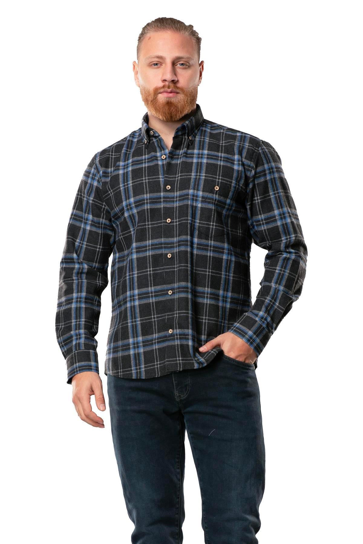 Uzun Kol Oduncu Erkek Pazen Sonbahar ve Kışlık Gömlek Füme Ekose 4045