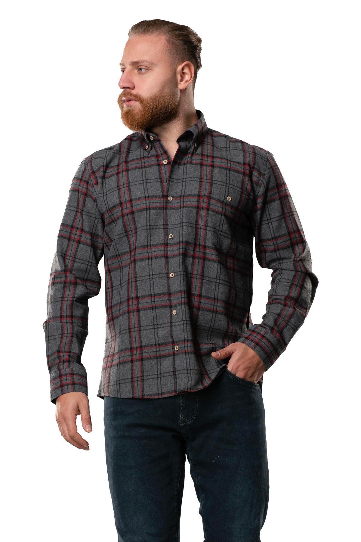 Uzun Kol Oduncu Erkek Pazen Sonbahar ve Kışlık Gömlek Siyah Bordo Ekose 4046