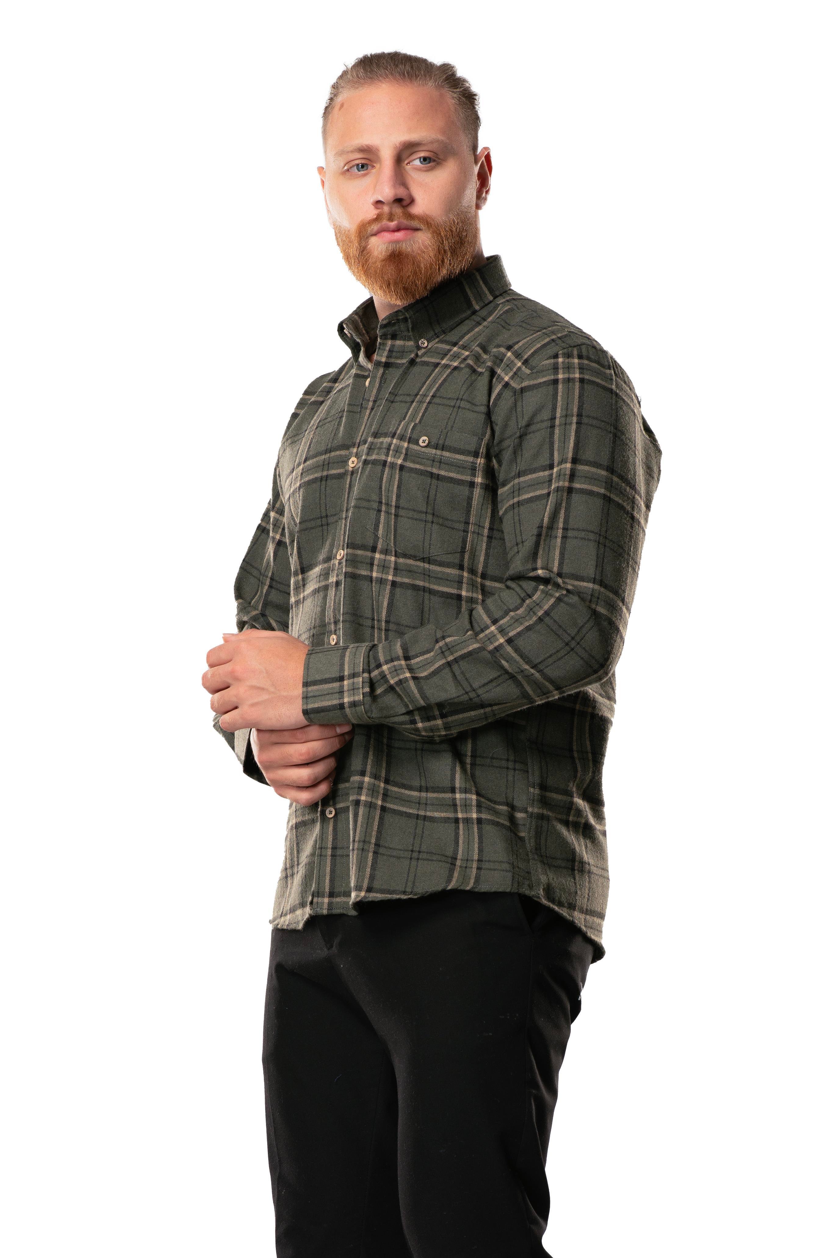 Uzun Kol Oduncu Erkek Pazen Sonbahar ve Kışlık Gömlek Haki Ekose 4044