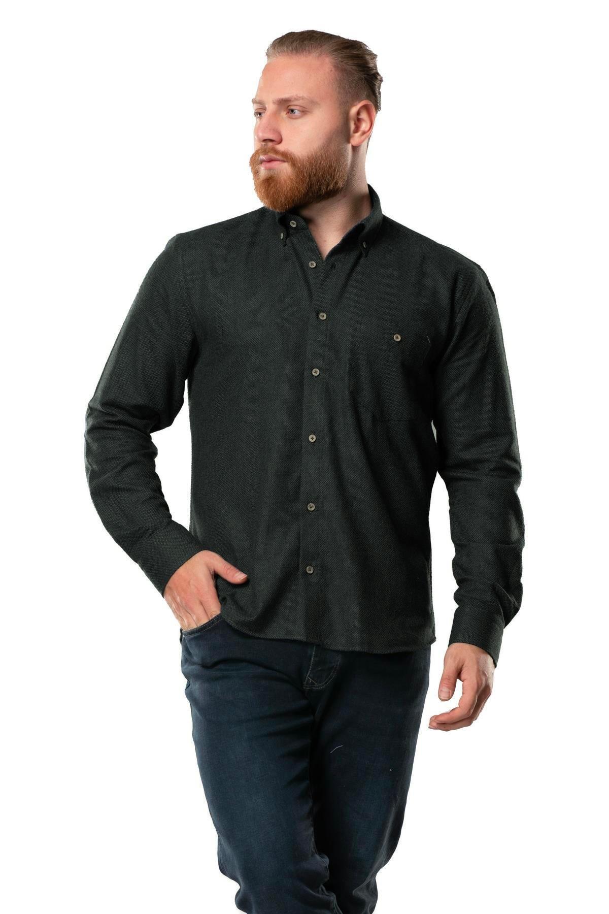 Uzun Kol Oduncu Erkek Pazen Sonbahar ve Kışlık Gömlek Petek Haki 4042