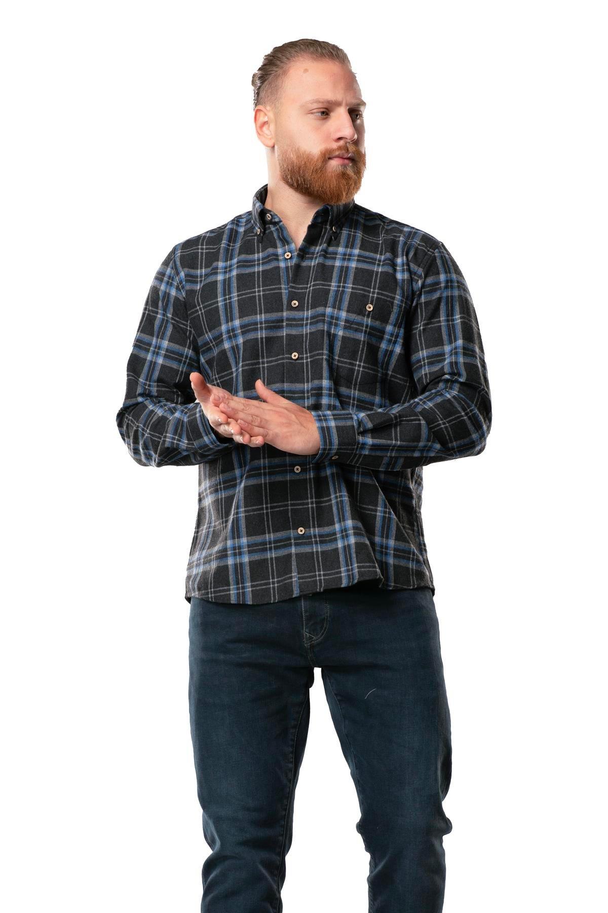 Uzun Kol Oduncu Erkek Pazen Sonbahar ve Kışlık Gömlek Füme Ekose 4045