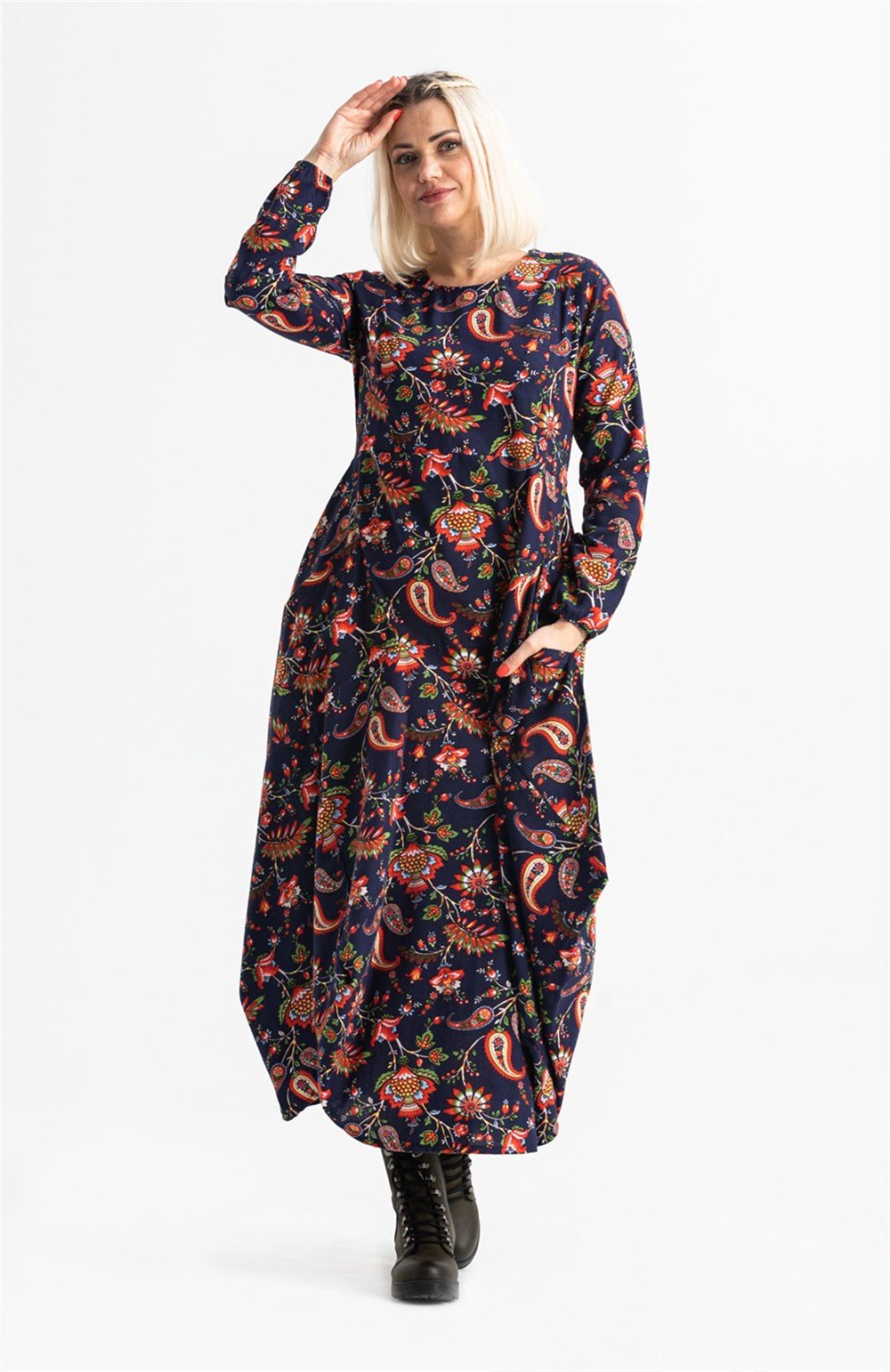 Uzun Kol Pazen Ayşegül Desenli Uzun Elbise Lacivert Lcvt