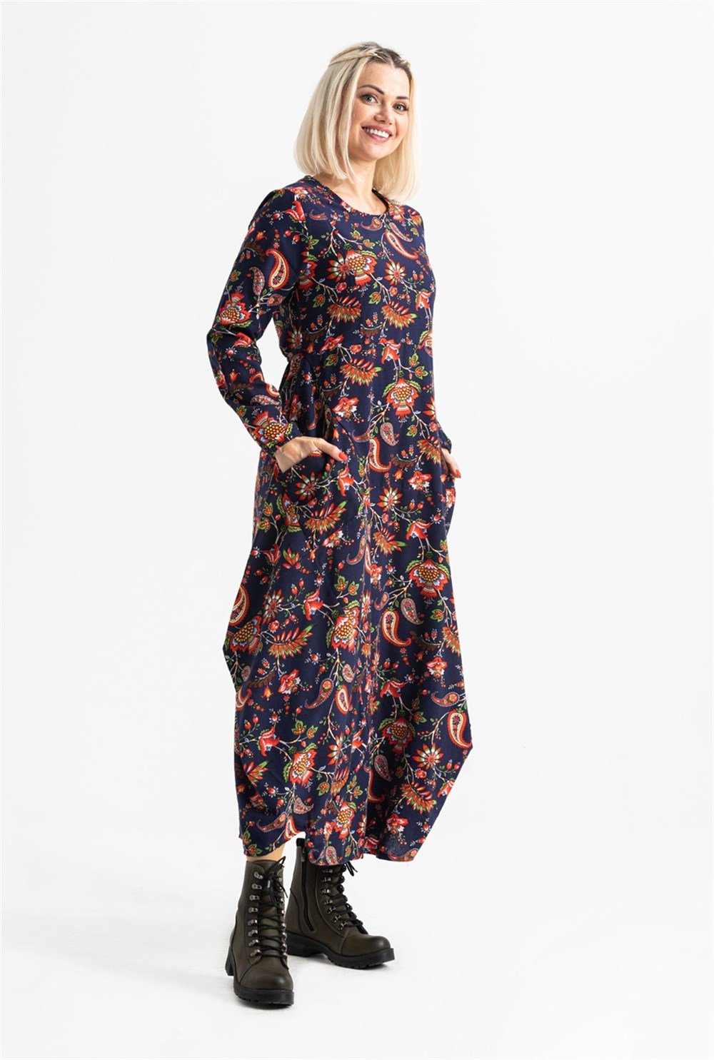 Uzun Kol Pazen Ayşegül Desenli Uzun Elbise Lacivert Lcvt