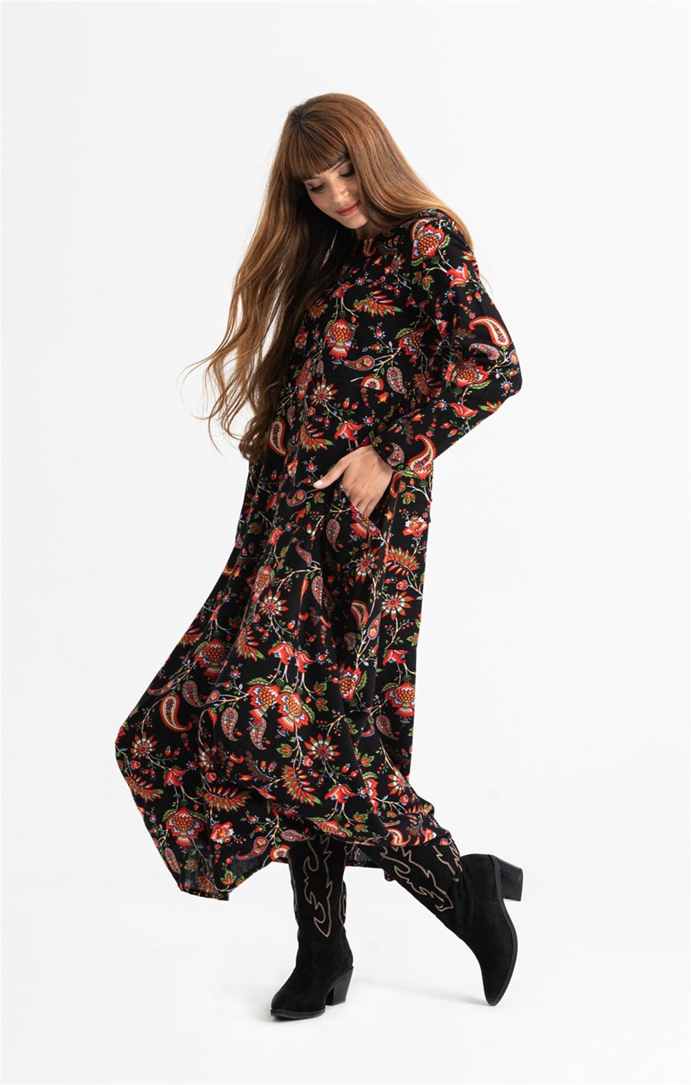 Uzun Kol Pazen Ayşegül Desenli Uzun Elbise Siyah Syh