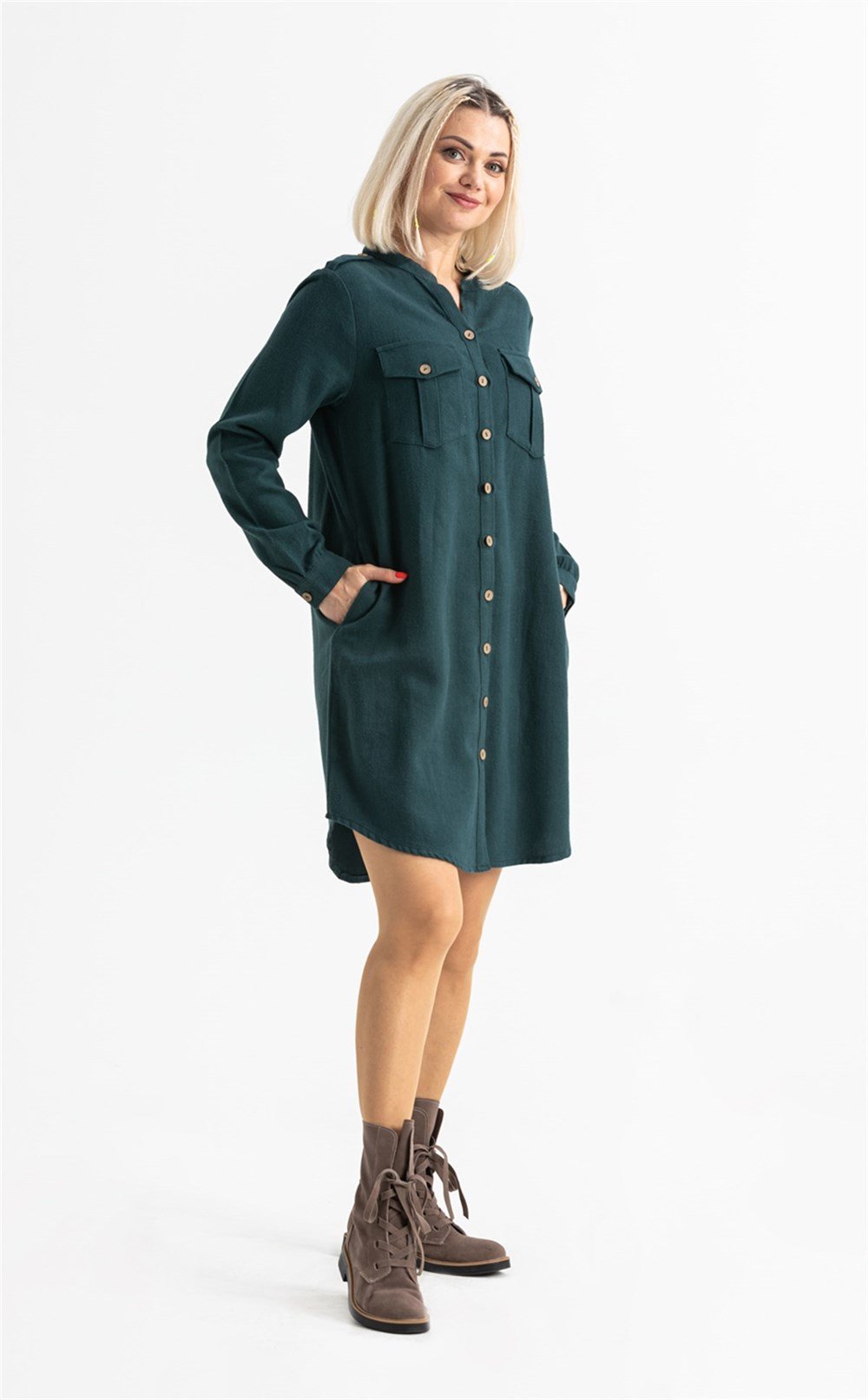 Uzun Kol Pazen Ayten Gömlek Elbise Petrol Ptrl