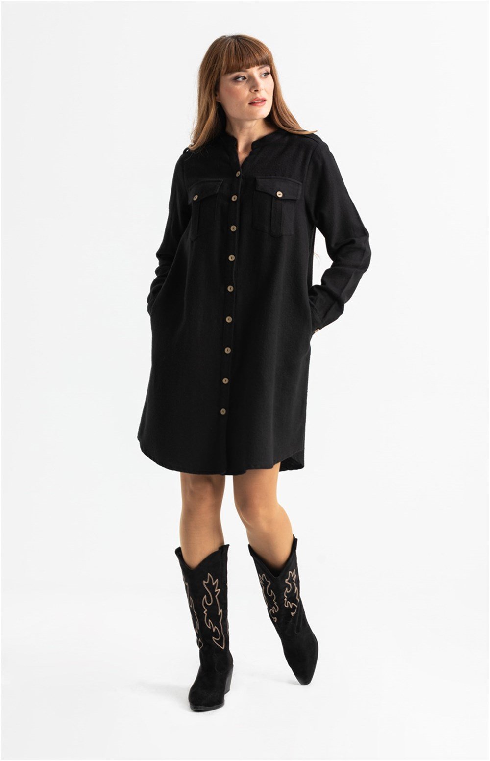 Uzun Kol Pazen Ayten Gömlek Elbise Siyah Syh