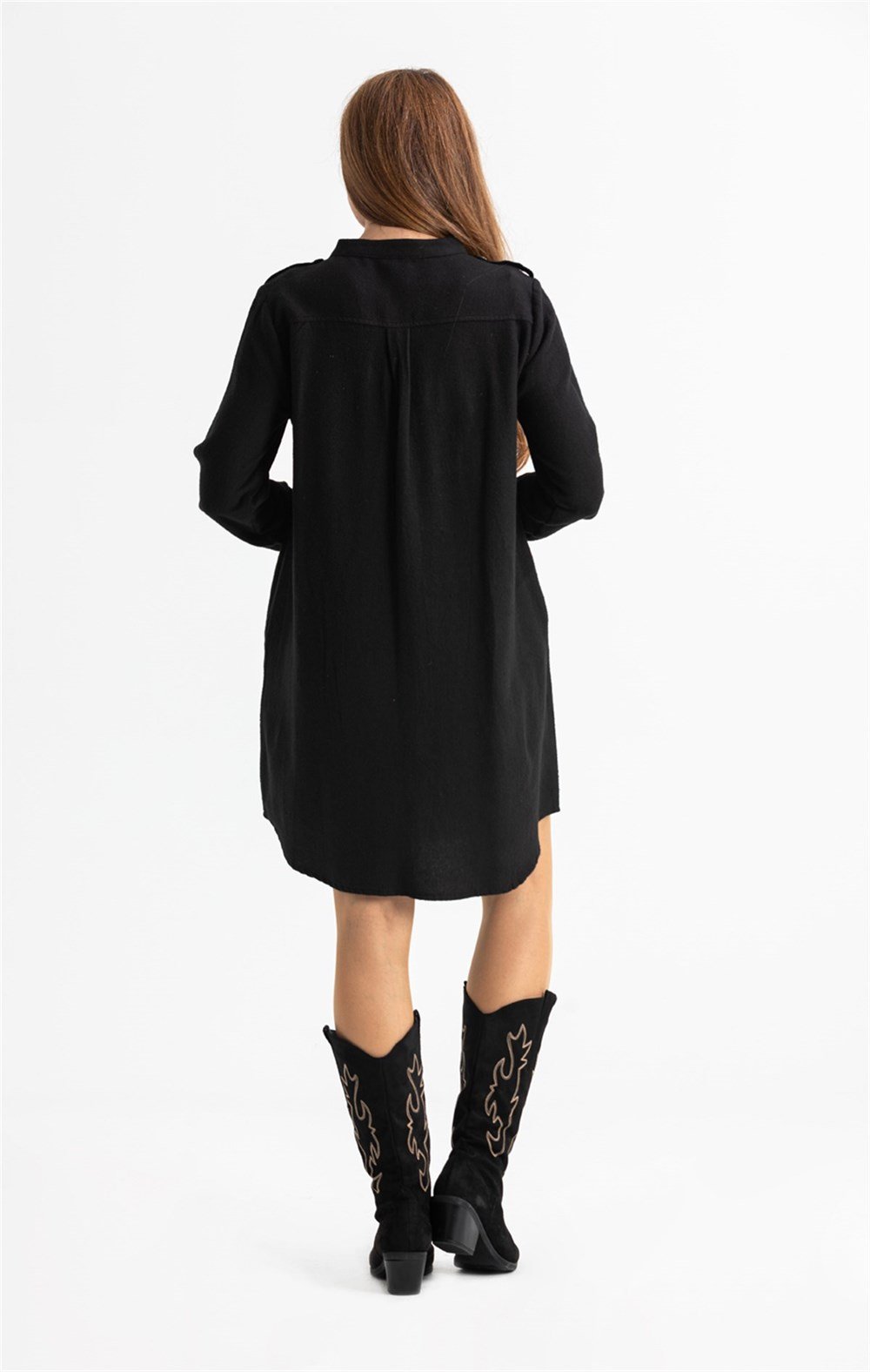 Uzun Kol Pazen Ayten Gömlek Elbise Siyah Syh