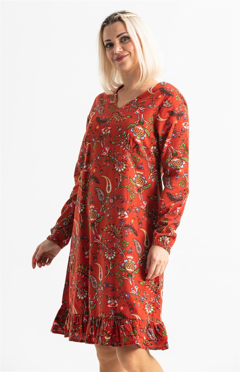 Uzun Kol Pazen Bade Desenli Kısa Elbise Bordo Brd