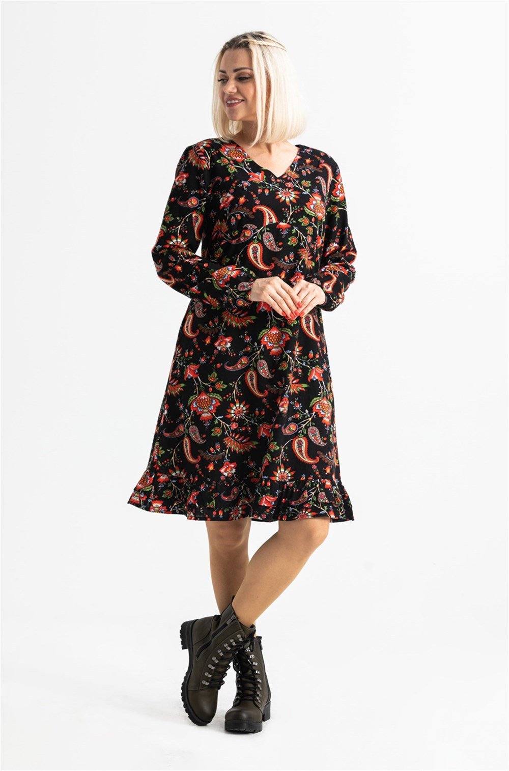Uzun Kol Pazen Bade Desenli Kısa Elbise Siyah Syh