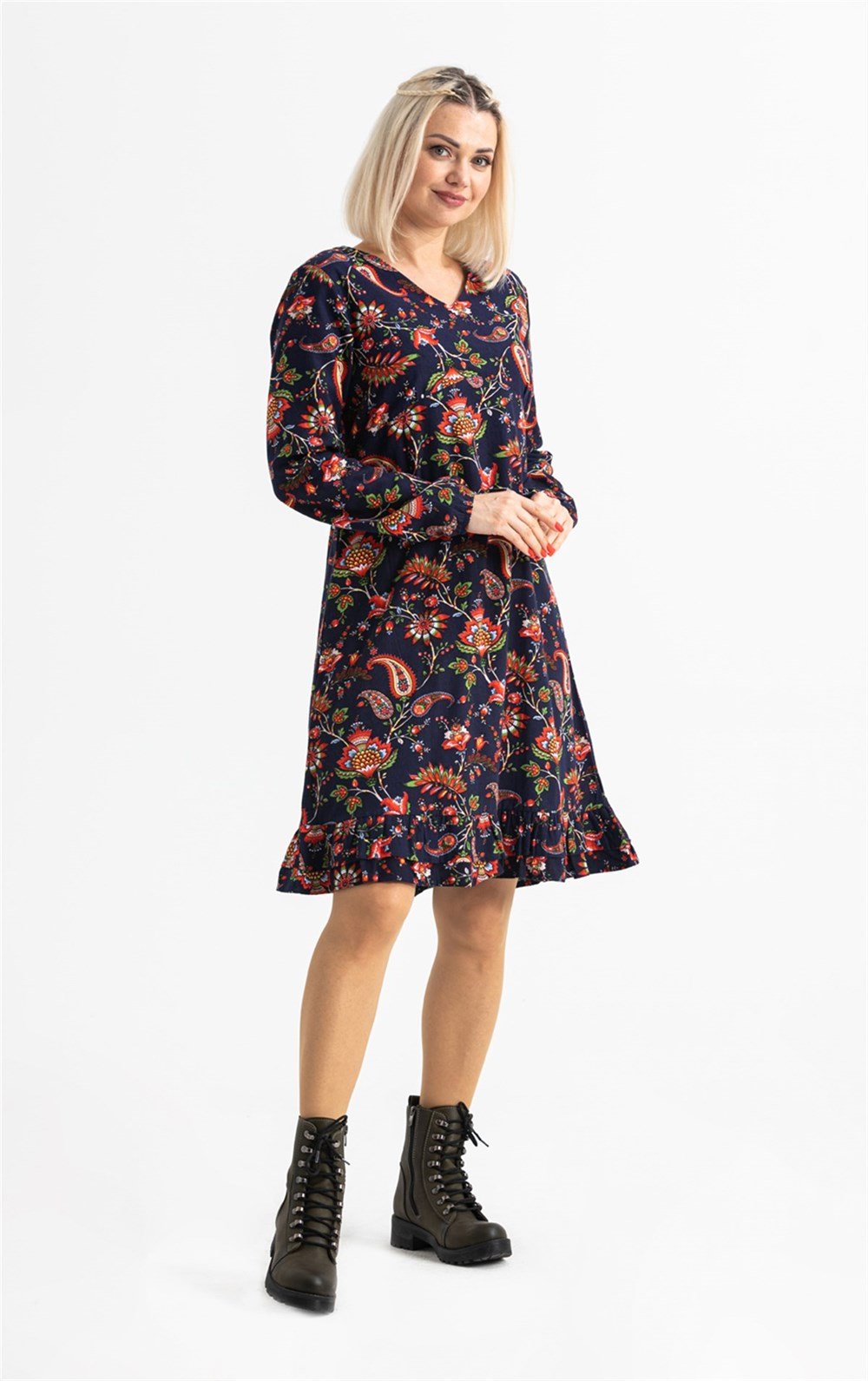 Uzun Kol Pazen Bade Desenli Kısa Elbise Lacivert Lcvt