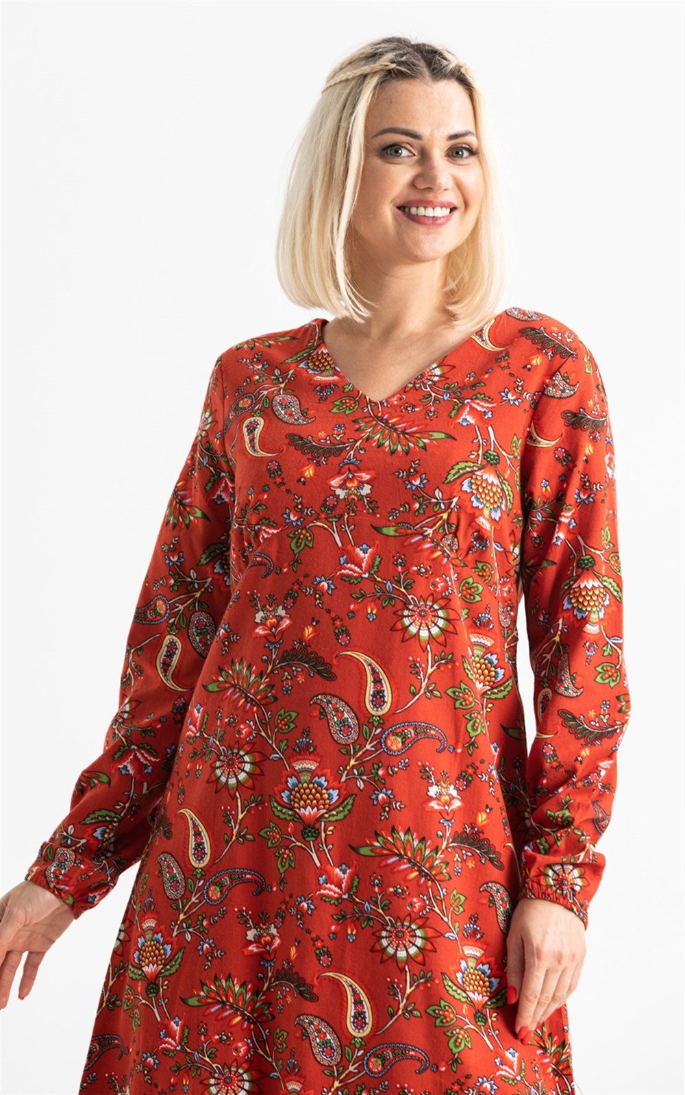 Uzun Kol Pazen Bade Desenli Kısa Elbise Bordo Brd