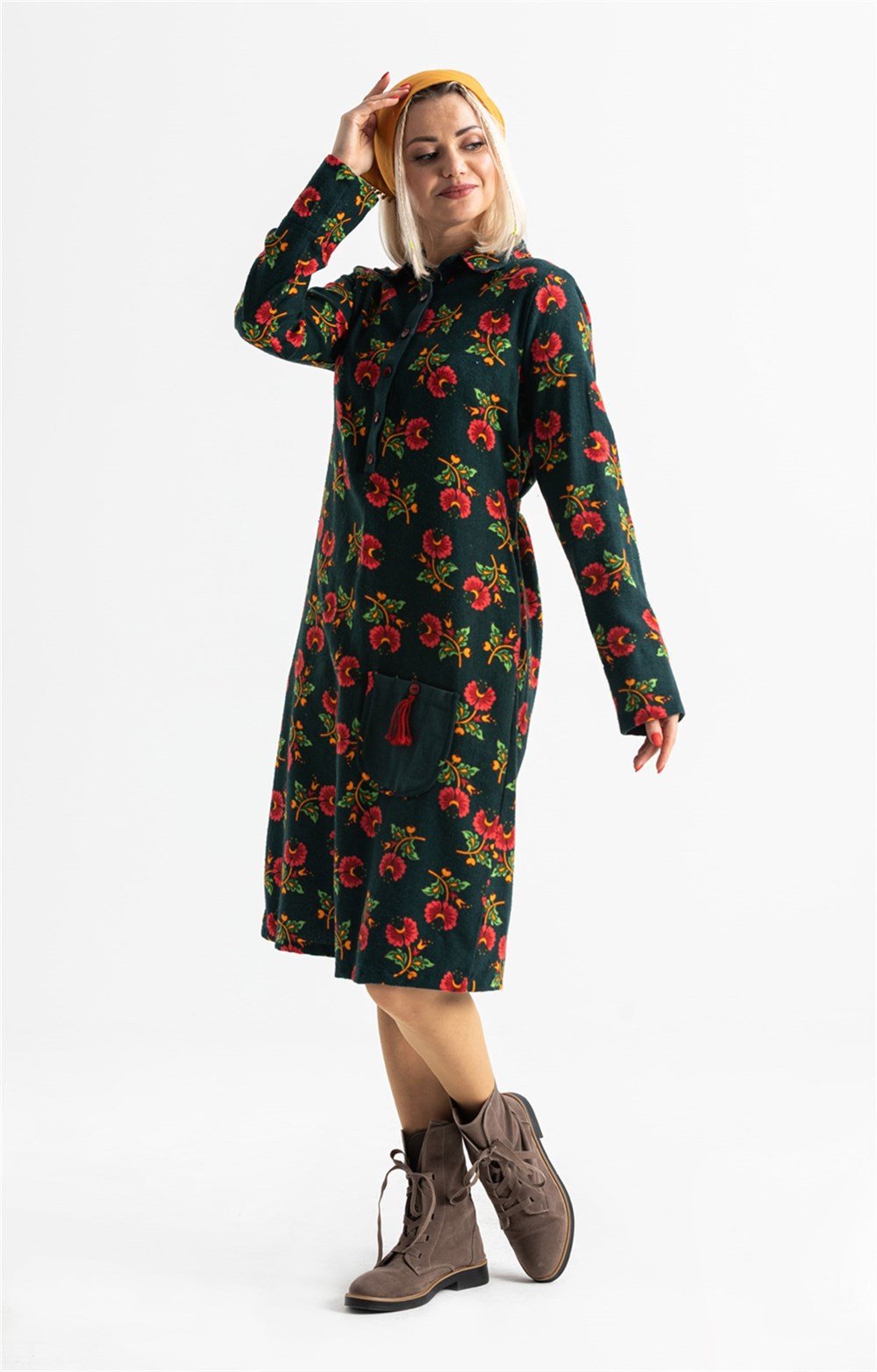 Uzun Kol Pazen Çiçek Desen Midi Boy Şirin Elbise Yeşil Ysl