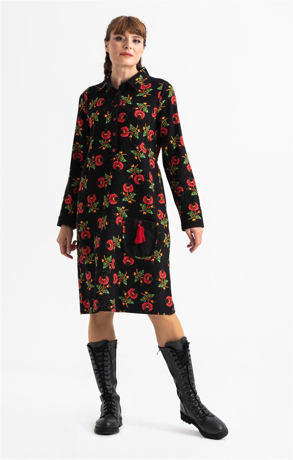 Uzun Kol Pazen Çiçek Desen Midi Boy Şirin Elbise Siyah Syh