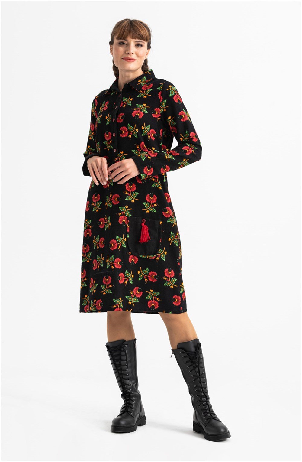 Uzun Kol Pazen Çiçek Desen Midi Boy Şirin Elbise Siyah Syh