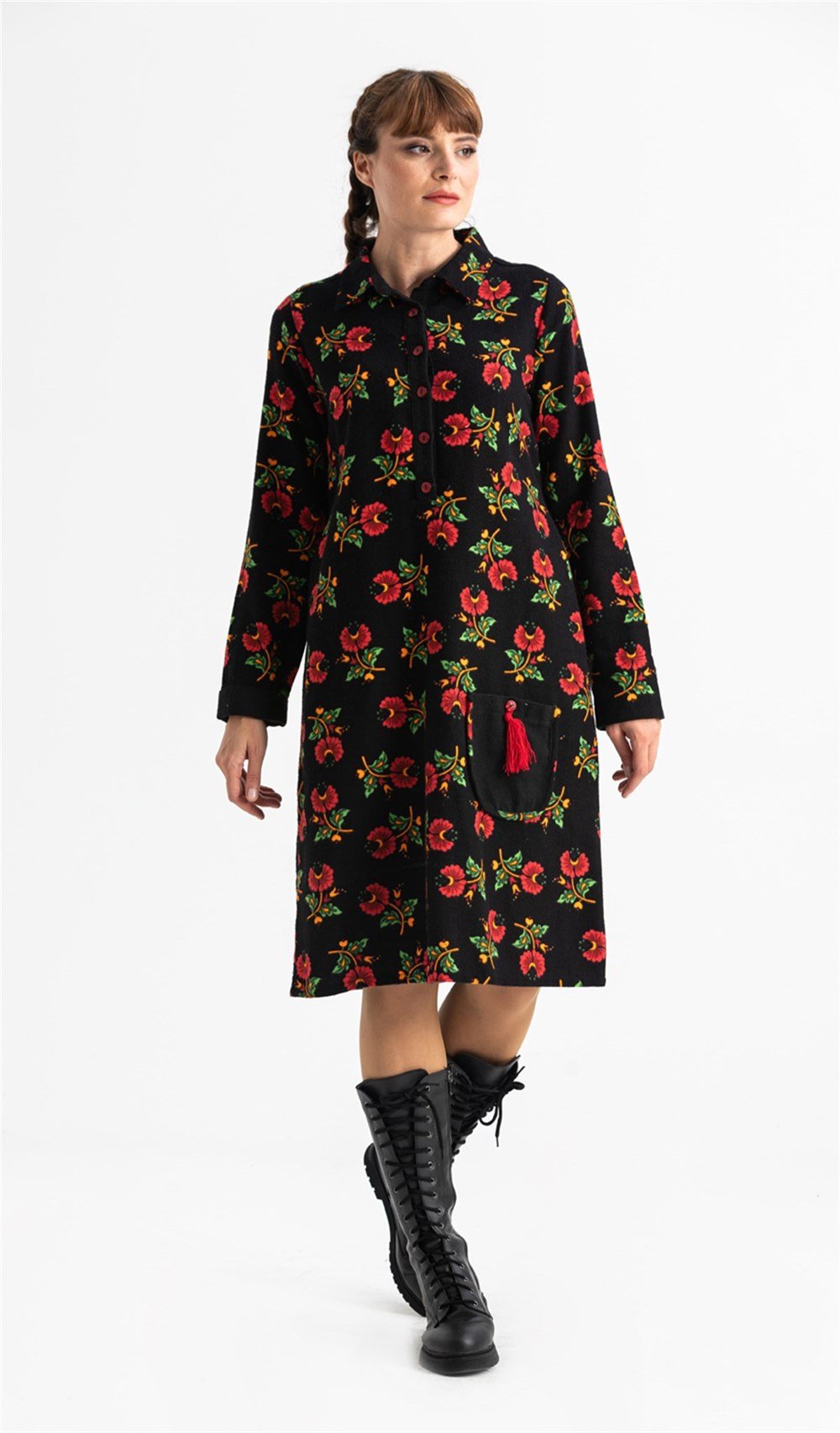 Uzun Kol Pazen Çiçek Desen Midi Boy Şirin Elbise Siyah Syh