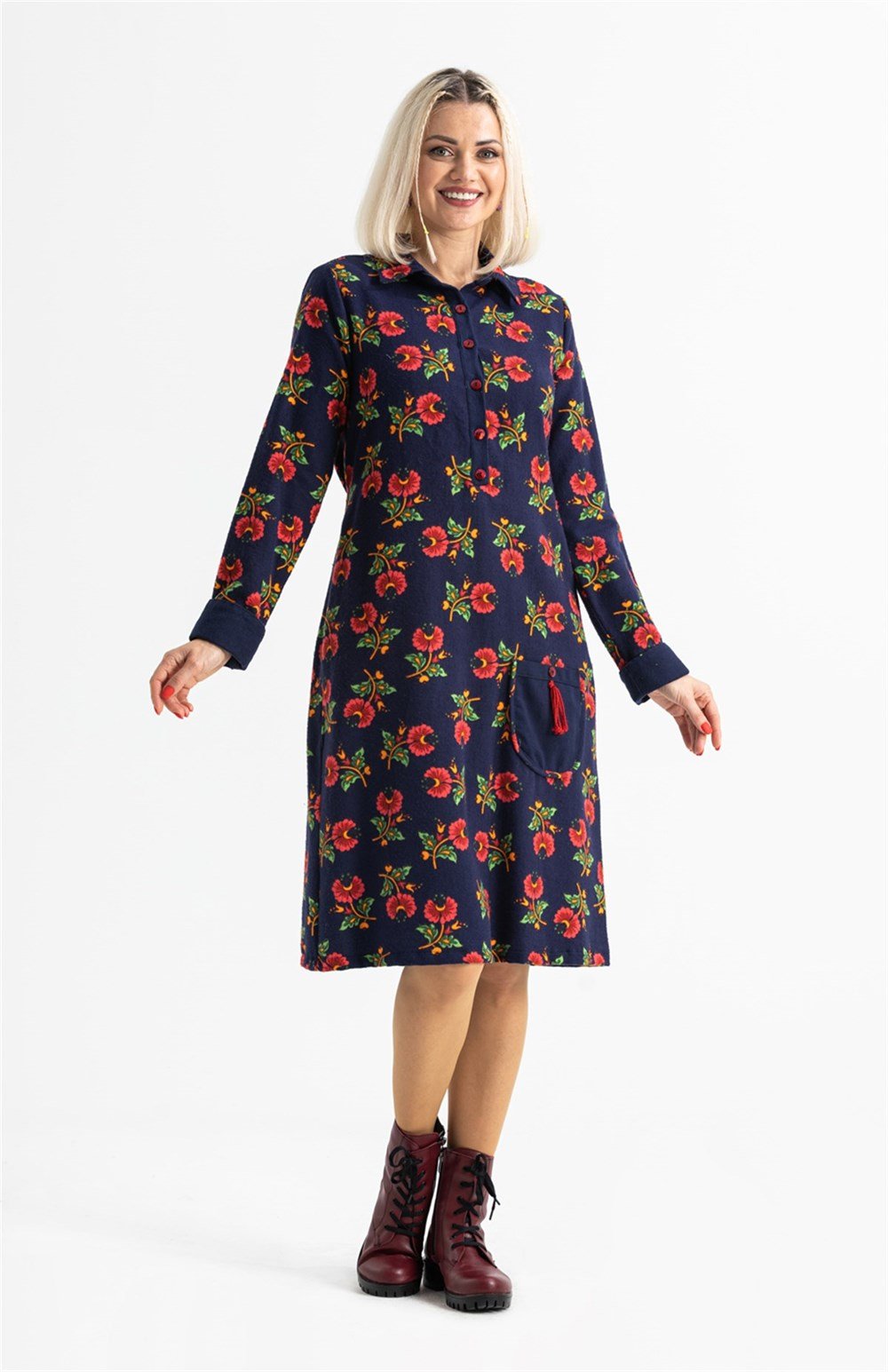 Uzun Kol Pazen Çiçek Desen Midi Boy Şirin Elbise Lacivert Lcvt