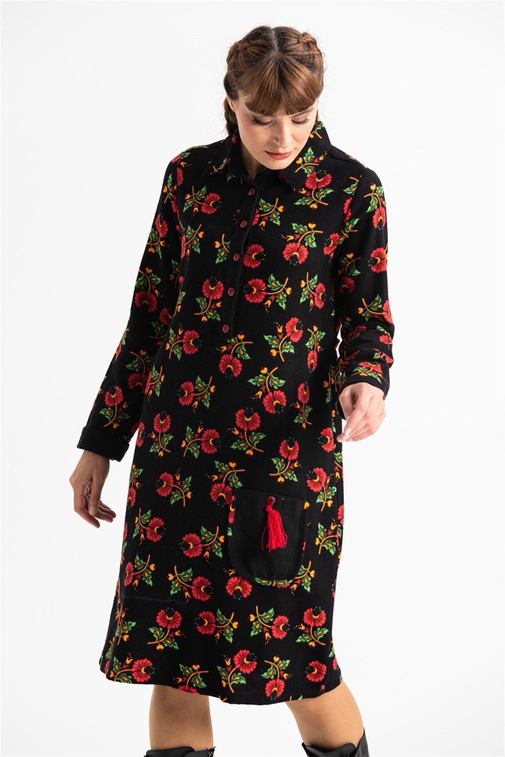 Uzun Kol Pazen Çiçek Desen Midi Boy Şirin Elbise Siyah Syh