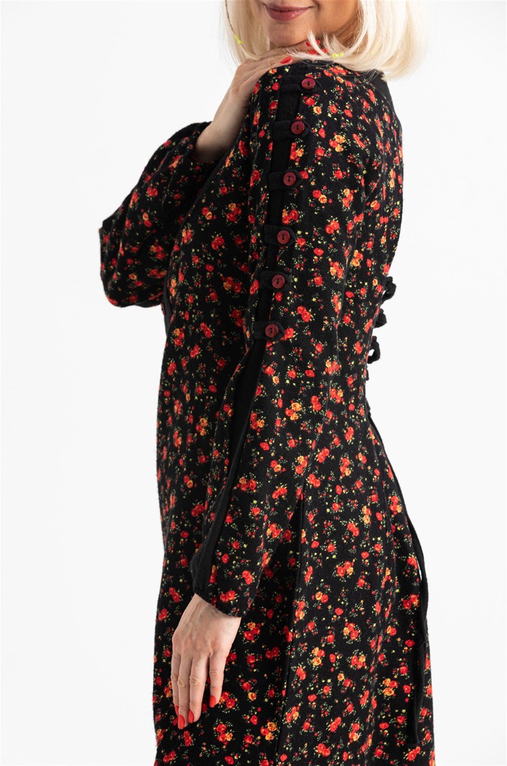 Uzun Kol Pazen Eftelya Çıtır Desen Midi Boy Elbise Siyah