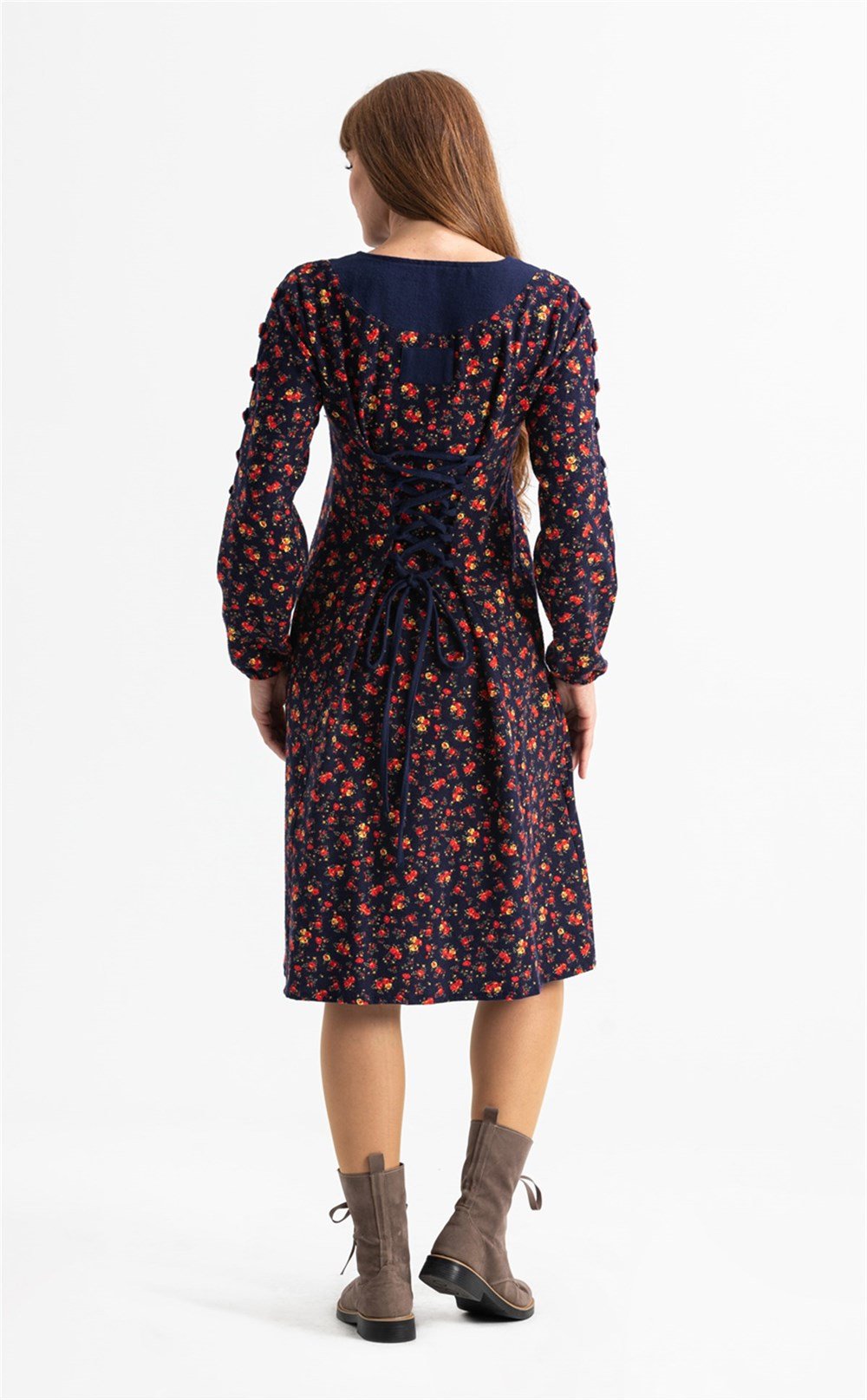 Uzun Kol Pazen Eftelya Çıtır Desen Midi Boy Elbise Lacivert