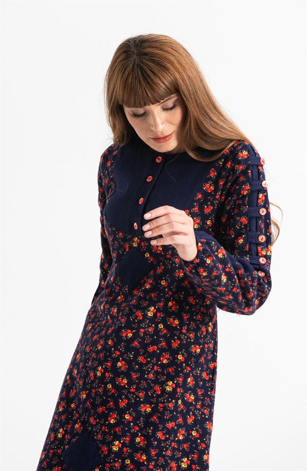 Uzun Kol Pazen Eftelya Çıtır Desen Midi Boy Elbise Lacivert