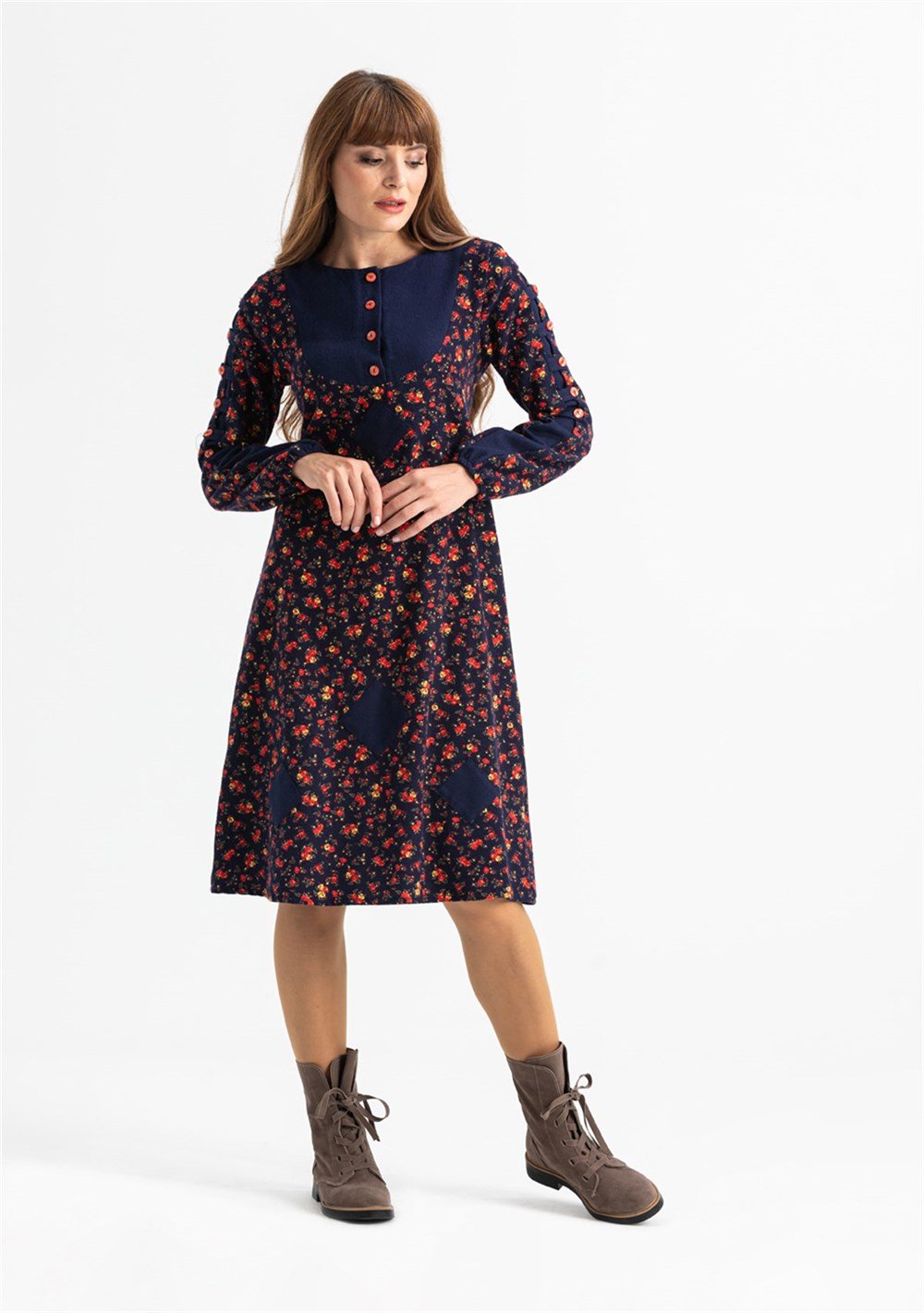 Uzun Kol Pazen Eftelya Çıtır Desen Midi Boy Elbise Lacivert
