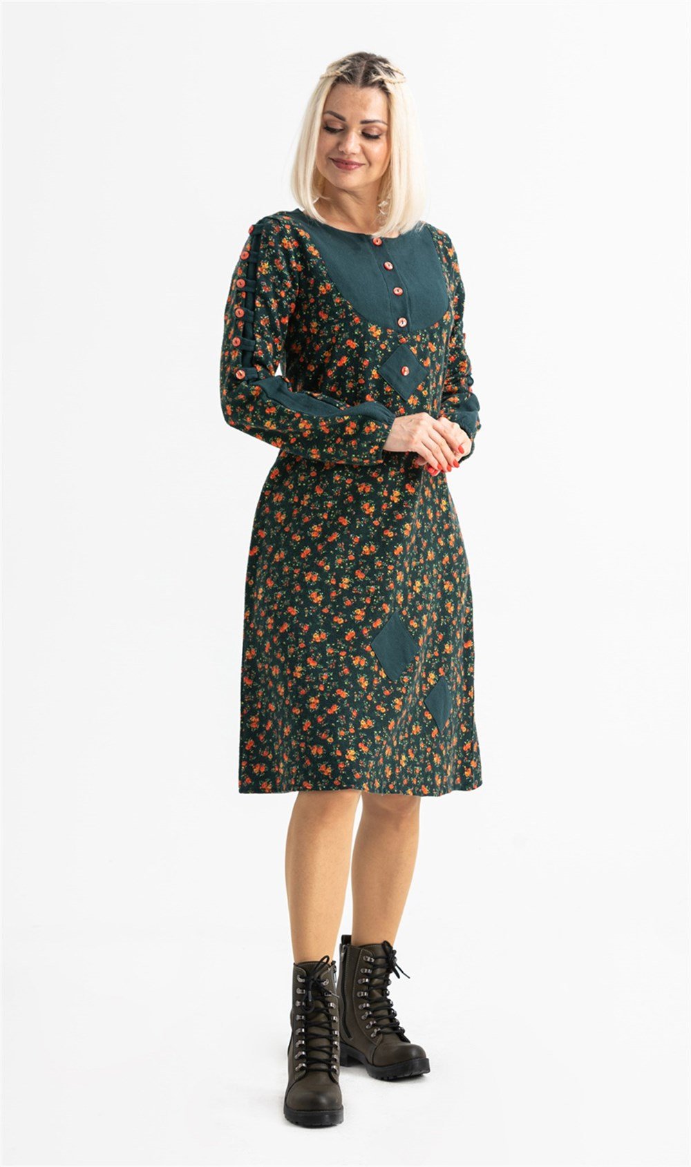 Uzun Kol Pazen Eftelya Çıtır Desen Midi Boy Elbise Petrol Ptrl