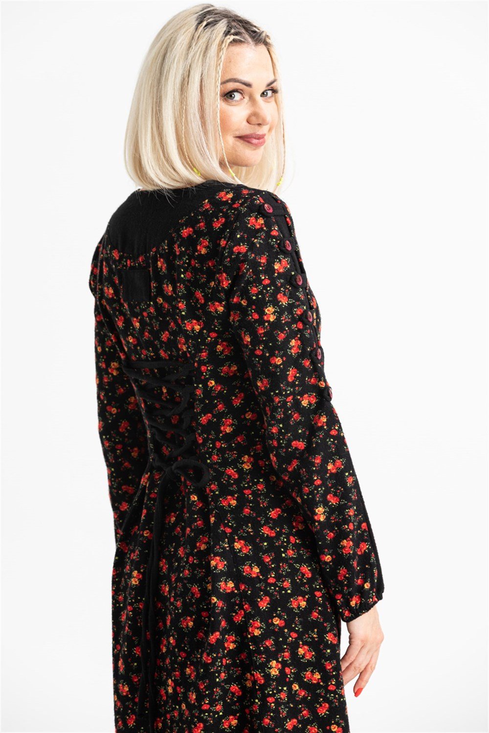 Uzun Kol Pazen Eftelya Çıtır Desen Midi Boy Elbise Siyah