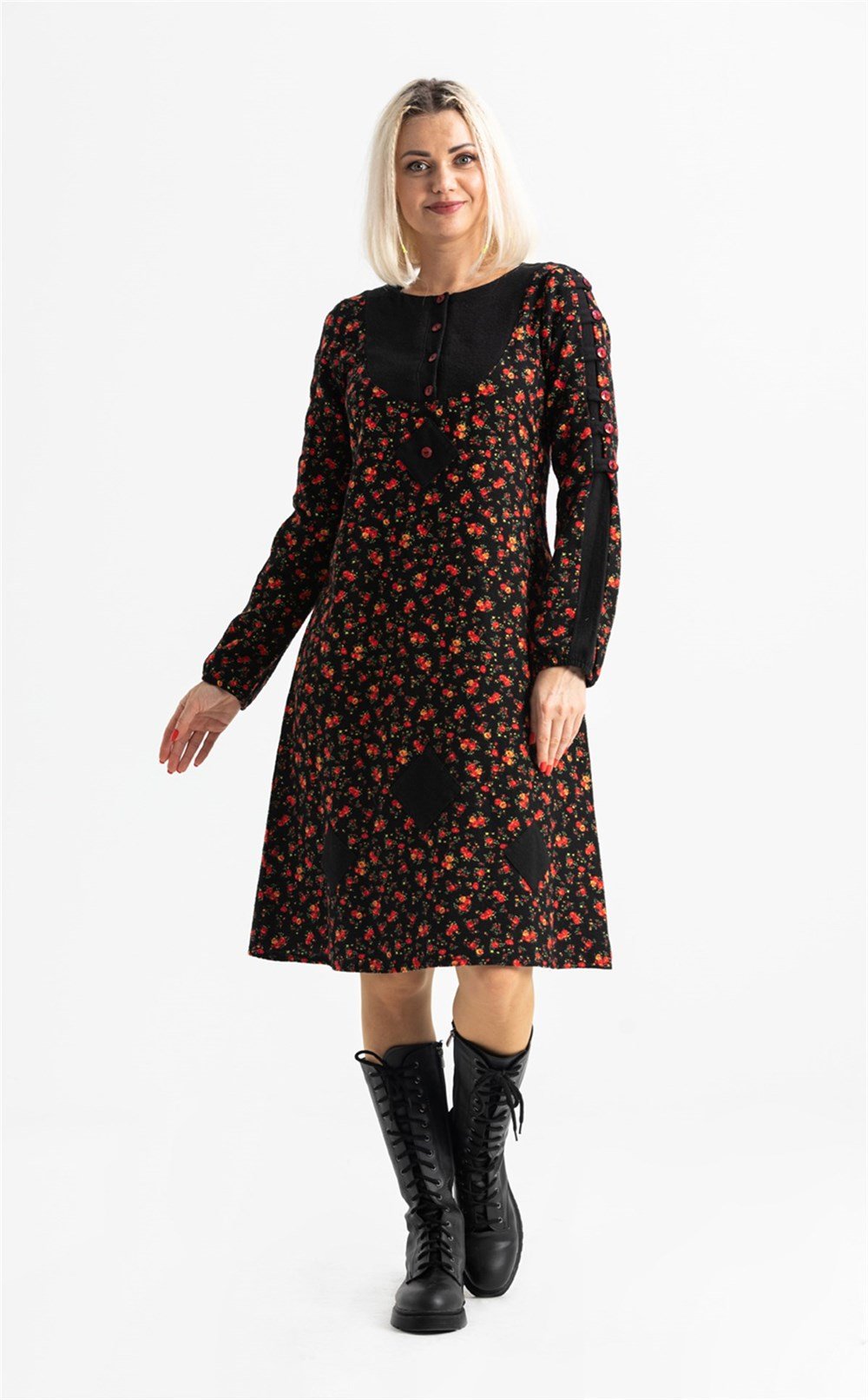 Uzun Kol Pazen Eftelya Çıtır Desen Midi Boy Elbise Siyah