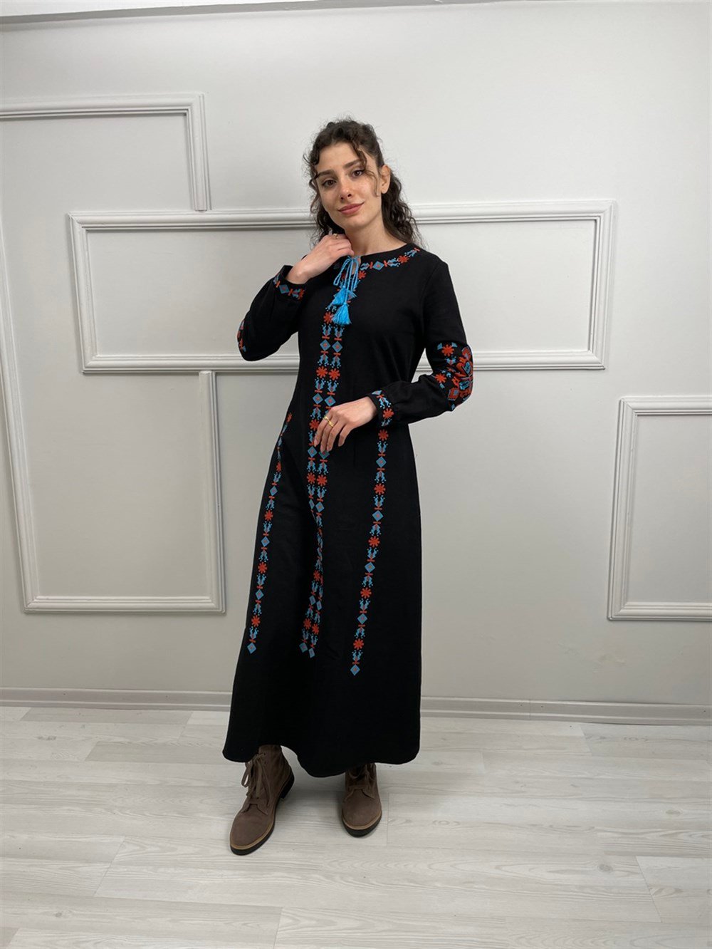 Uzun Kol Pazen Mahur Uzun Elbise Siyah