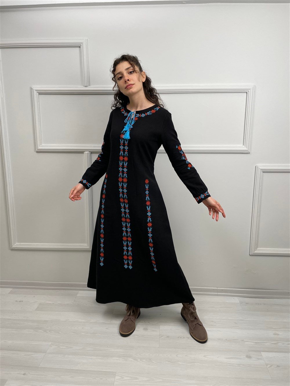 Uzun Kol Pazen Mahur Uzun Elbise Siyah