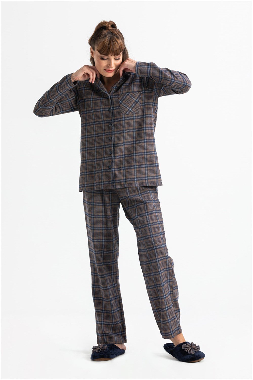 Uzun Kol Pazen Pijama Takımı Kahve Khv