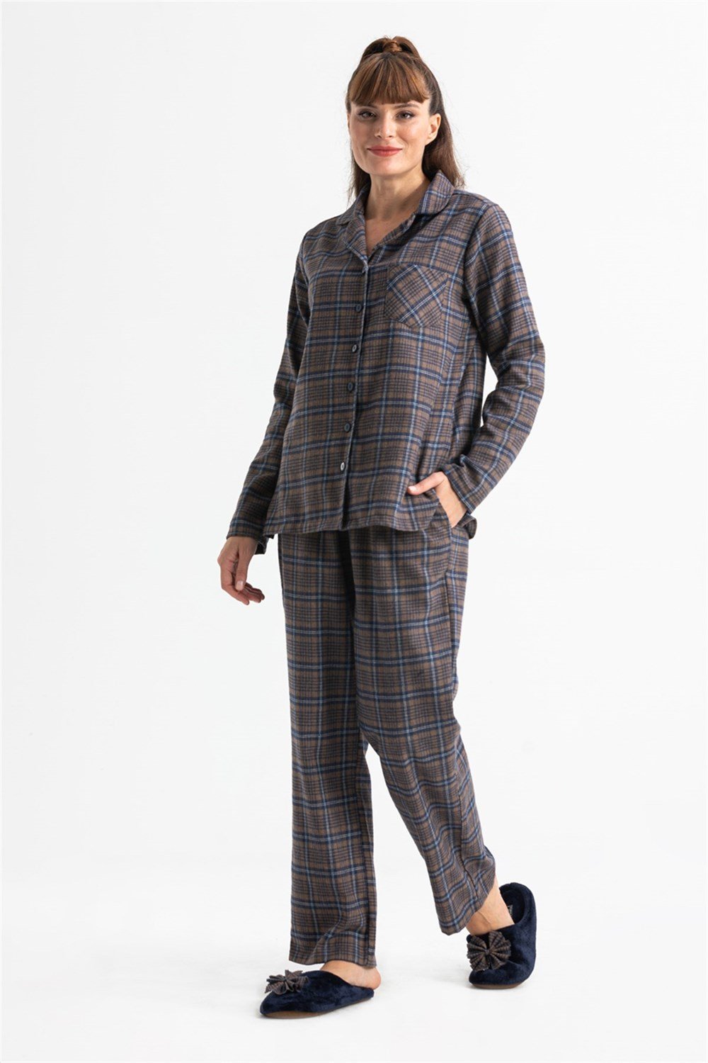 Uzun Kol Pazen Pijama Takımı Kahve Khv