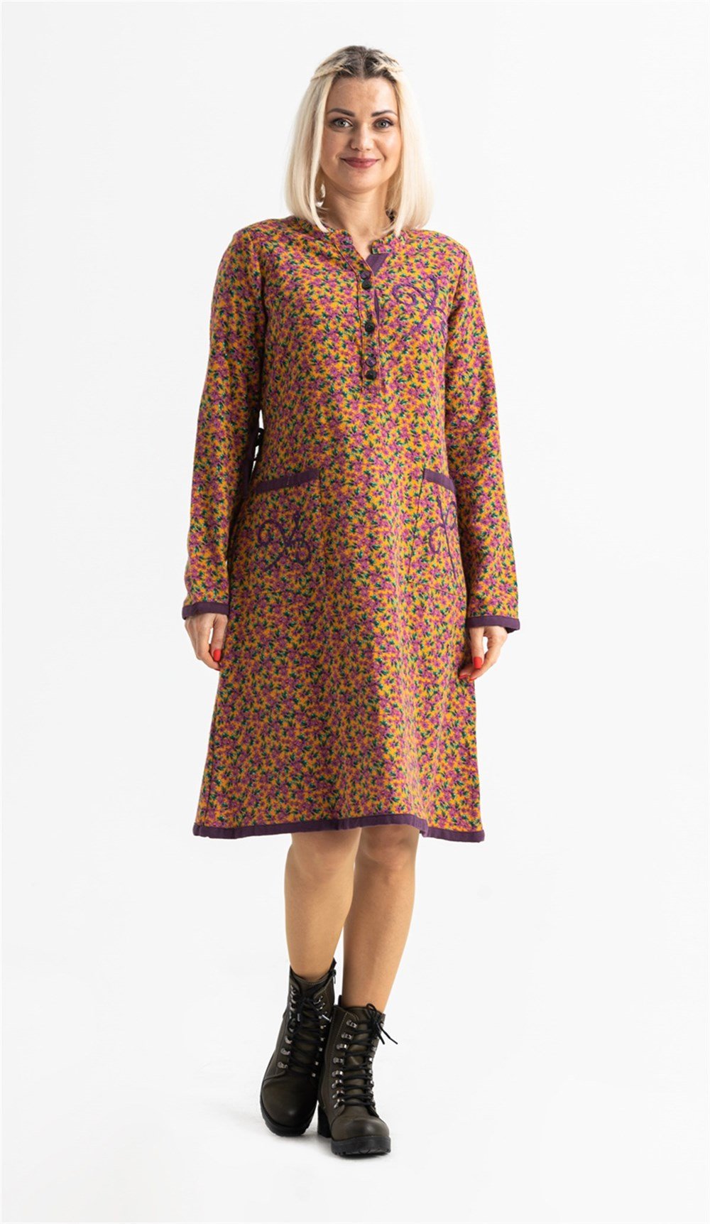 Uzun Kol Pazen Yıldız Midi Boy Elbise Hardal Hrd