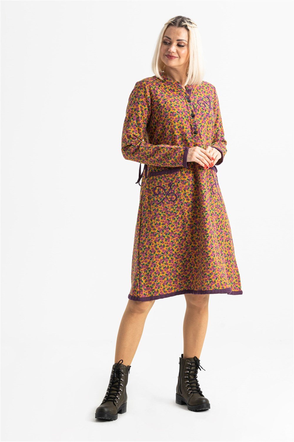 Uzun Kol Pazen Yıldız Midi Boy Elbise Hardal Hrd