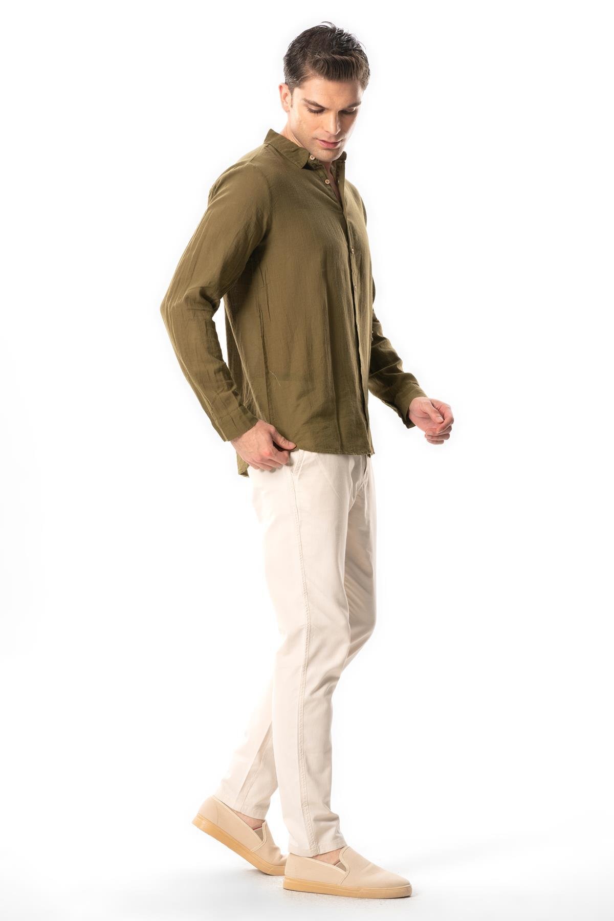 Uzun Kol Poplin Akdeniz Erkek Yazlık Gömlek Haki Hk