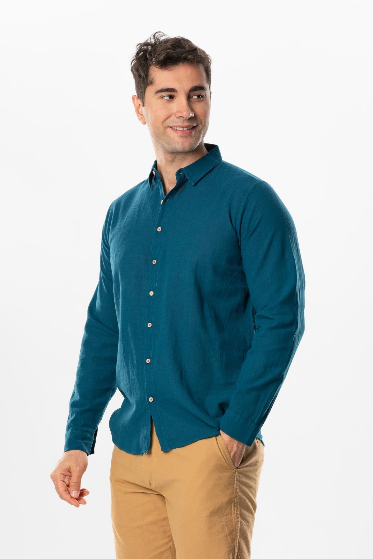 Uzun Kol Poplin Akdeniz Erkek Yazlık Gömlek Petrol Ptrl