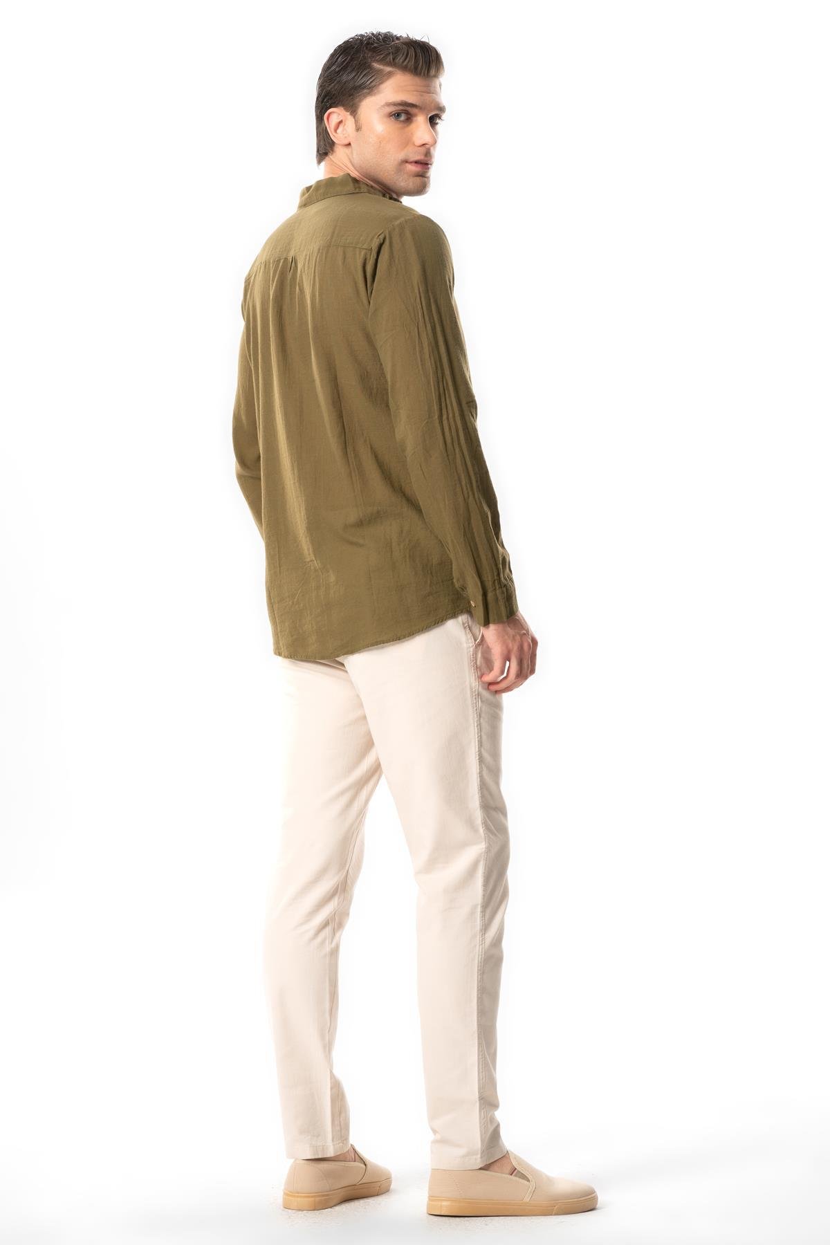Uzun Kol Poplin Akdeniz Erkek Yazlık Gömlek Haki Hk